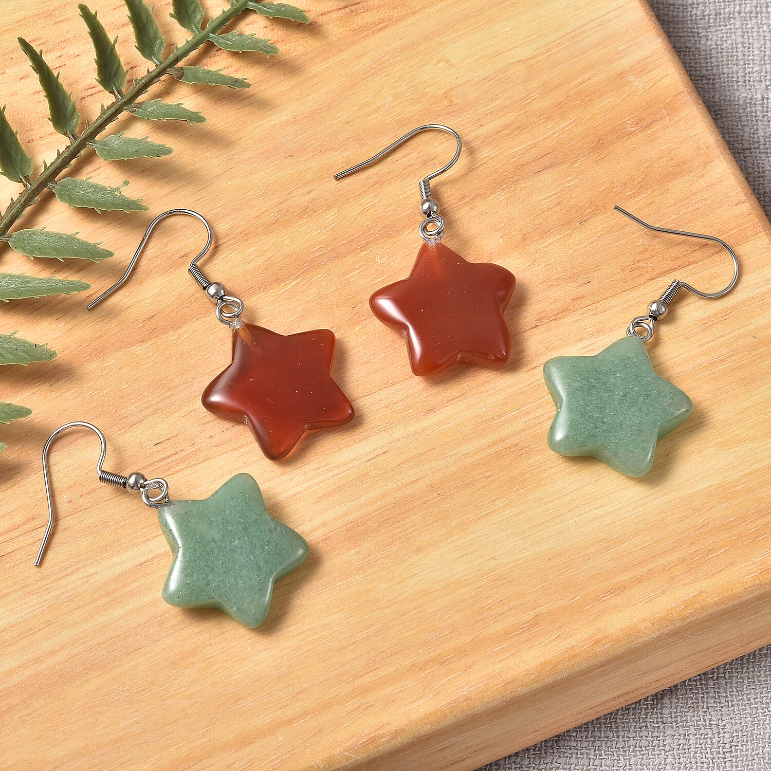 Set of 2 - Red Agate and Green Aventurine Star Hook Earrings in Stainless Steel