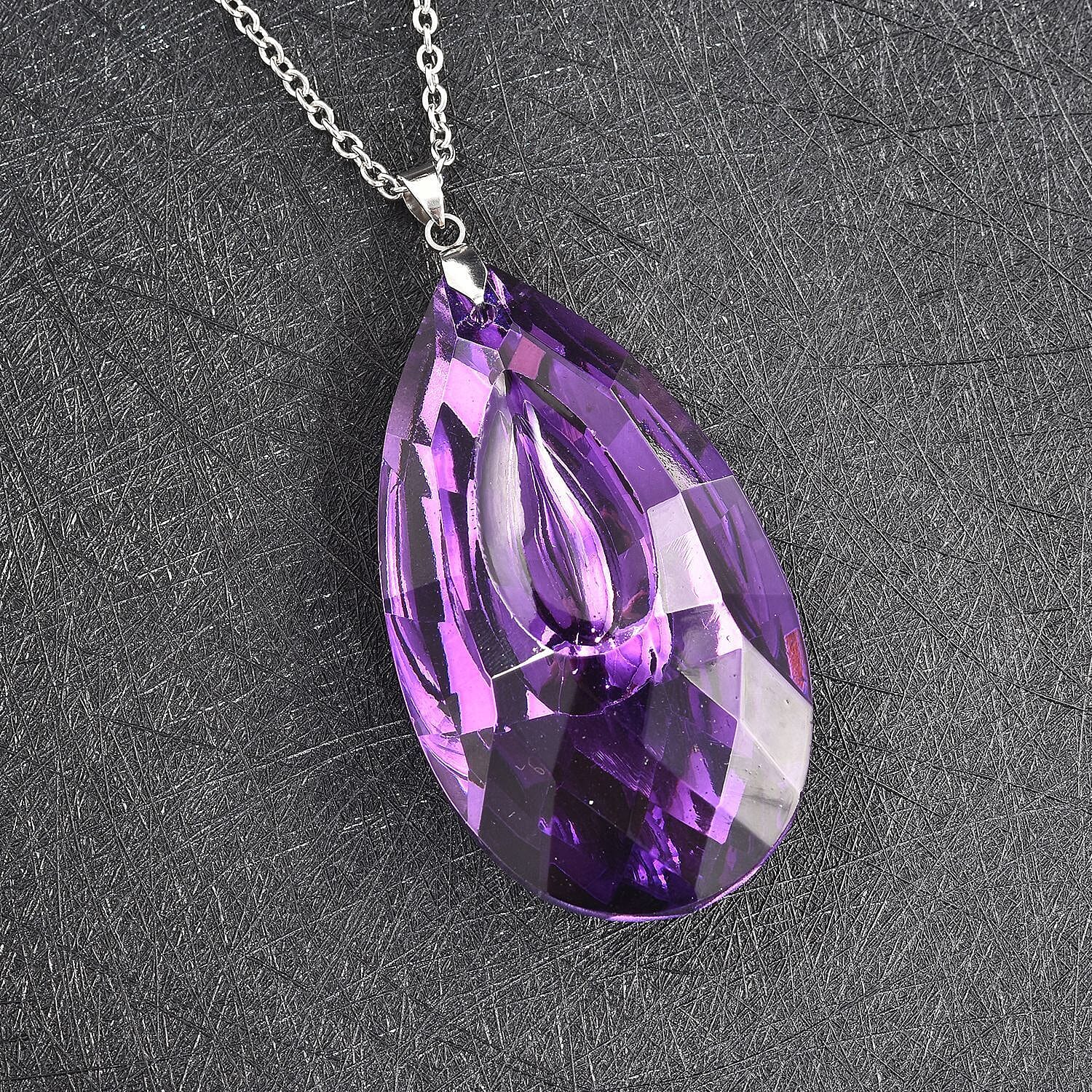 Simulated Amethyst Tear Drop Pendant with Chain (Size 24)