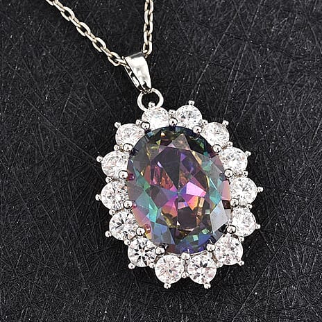 Simulated Mystic Topaz and Simulated Diamond Halo Pendant with Chain (Size 20-2 Ext.) in White Tone 7.00 Ct.