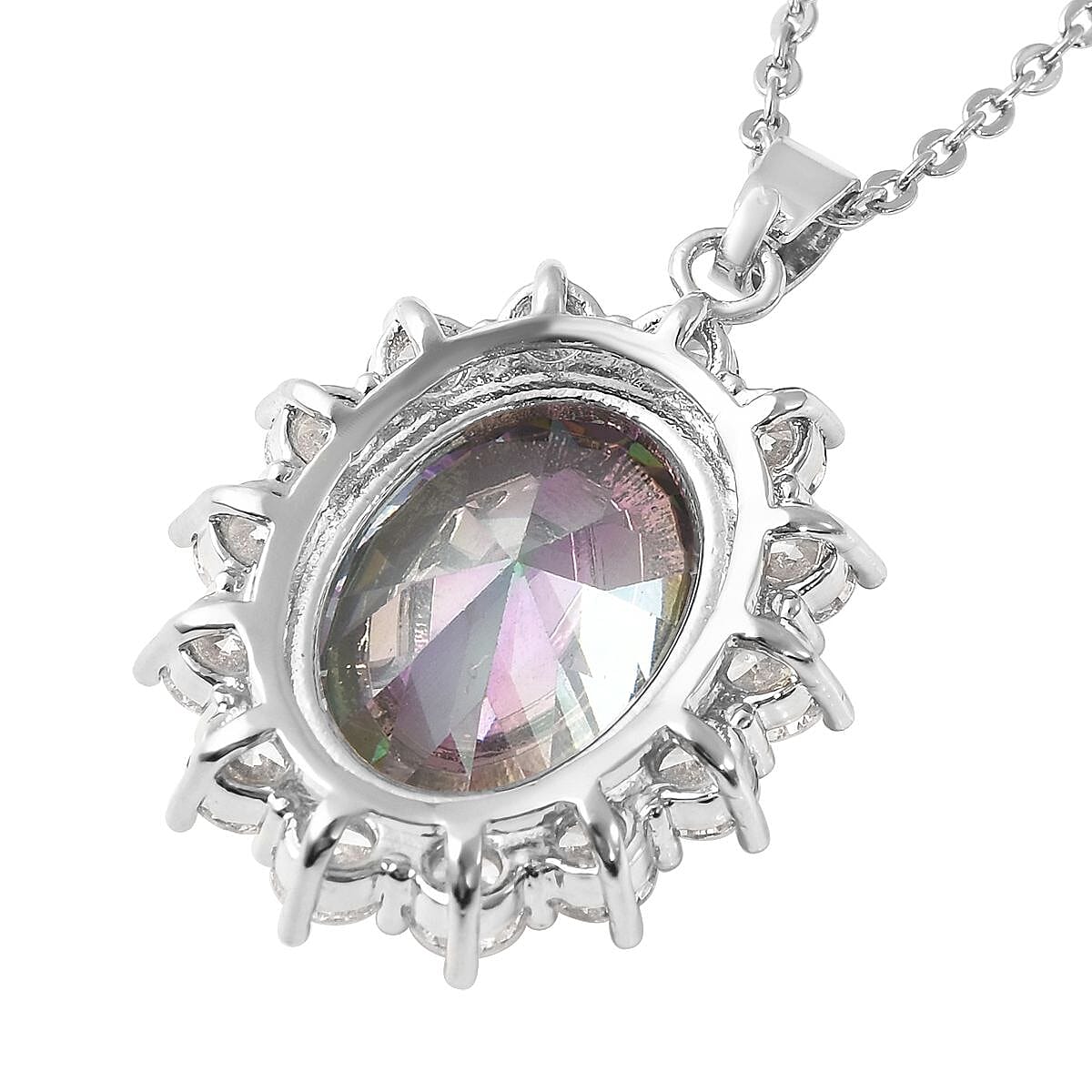 Simulated Mystic Topaz and Simulated Diamond Halo Pendant with Chain (Size 20-2 Ext.) in White Tone Simulated Mystic Topaz and Simulated Diamond Halo Pendant with Chain (Size 20-2 Ext.) in White Tone