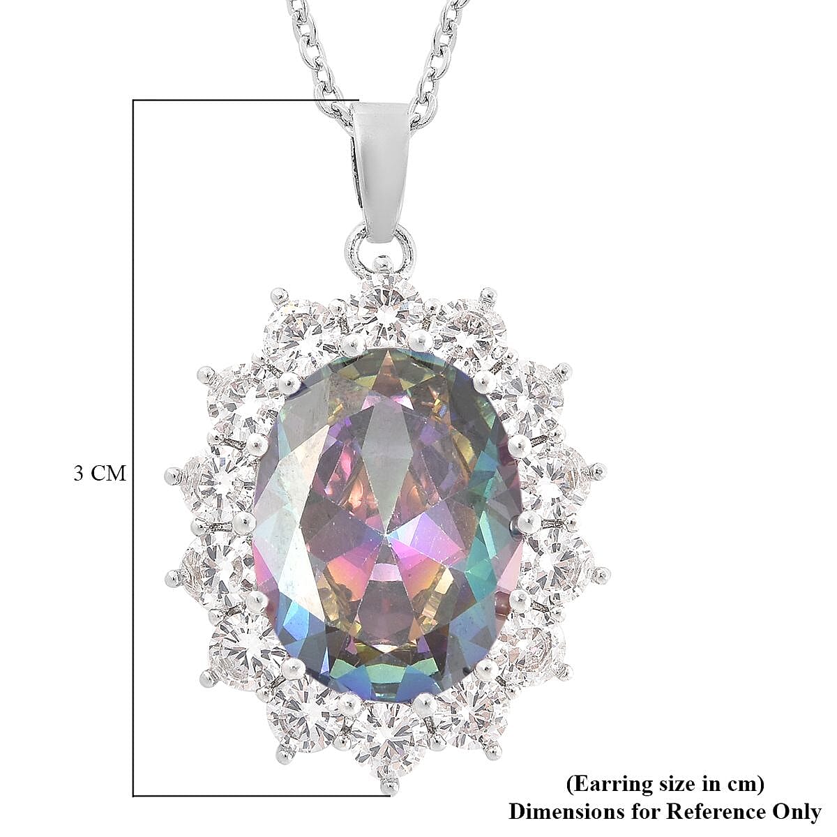Simulated Mystic Topaz and Simulated Diamond Halo Pendant with Chain (Size 20-2 Ext.) in White Tone Simulated Mystic Topaz and Simulated Diamond Halo Pendant with Chain (Size 20-2 Ext.) in White Tone