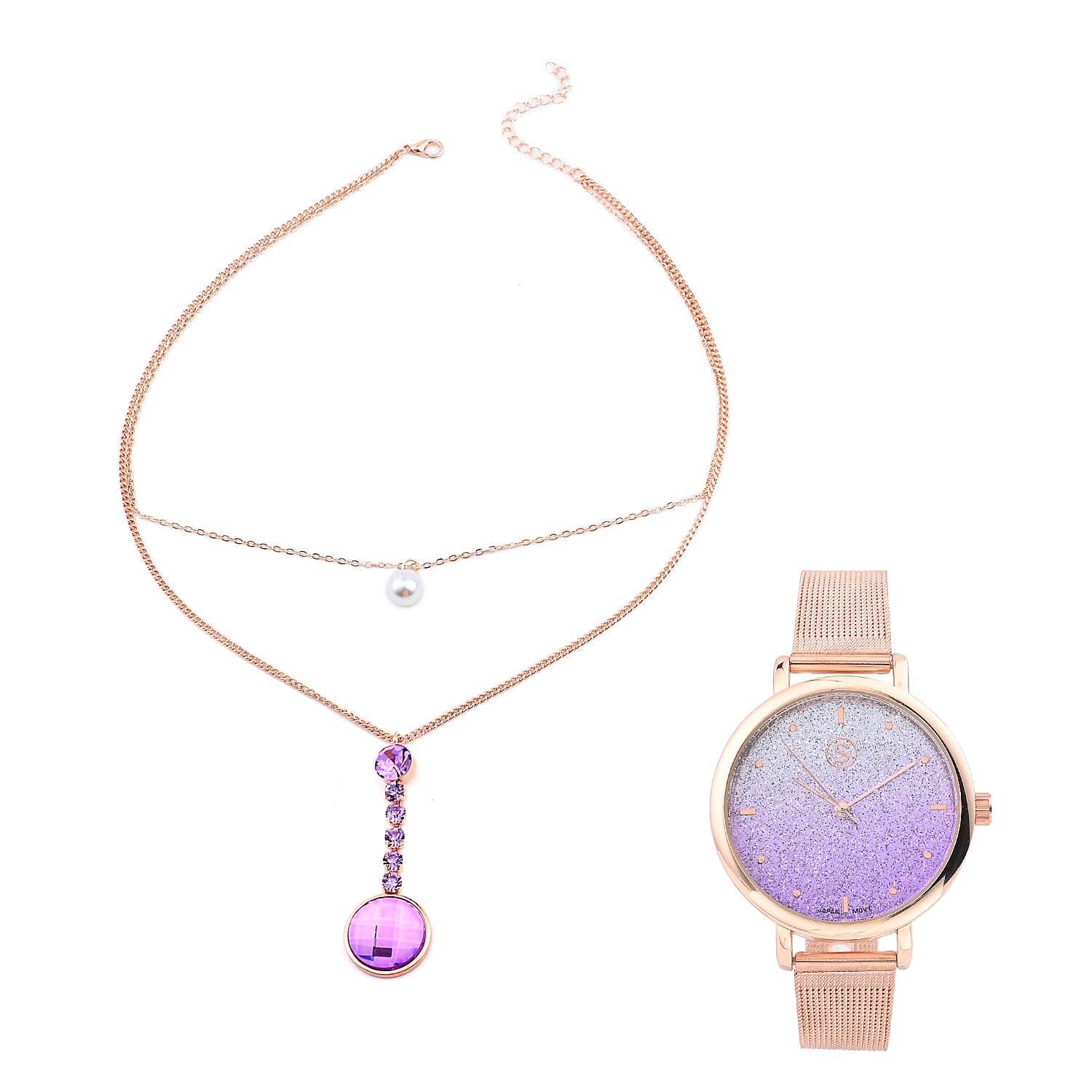 Set of 2 - STRADA Japanese Movement Water Resistant Watch with Stainless Steel Mesh Belt and Necklace with Purple Crystal - Rose Gold