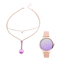 Set of 2 - STRADA Japanese Movement Water Resistant Watch with Stainless Steel Mesh Belt and Necklace with Purple Crystal - Rose Gold