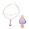 Set of 2 - STRADA Japanese Movement Water Resistant Watch with Stainless Steel Mesh Belt and Necklace with Purple Crystal - Rose Gold
