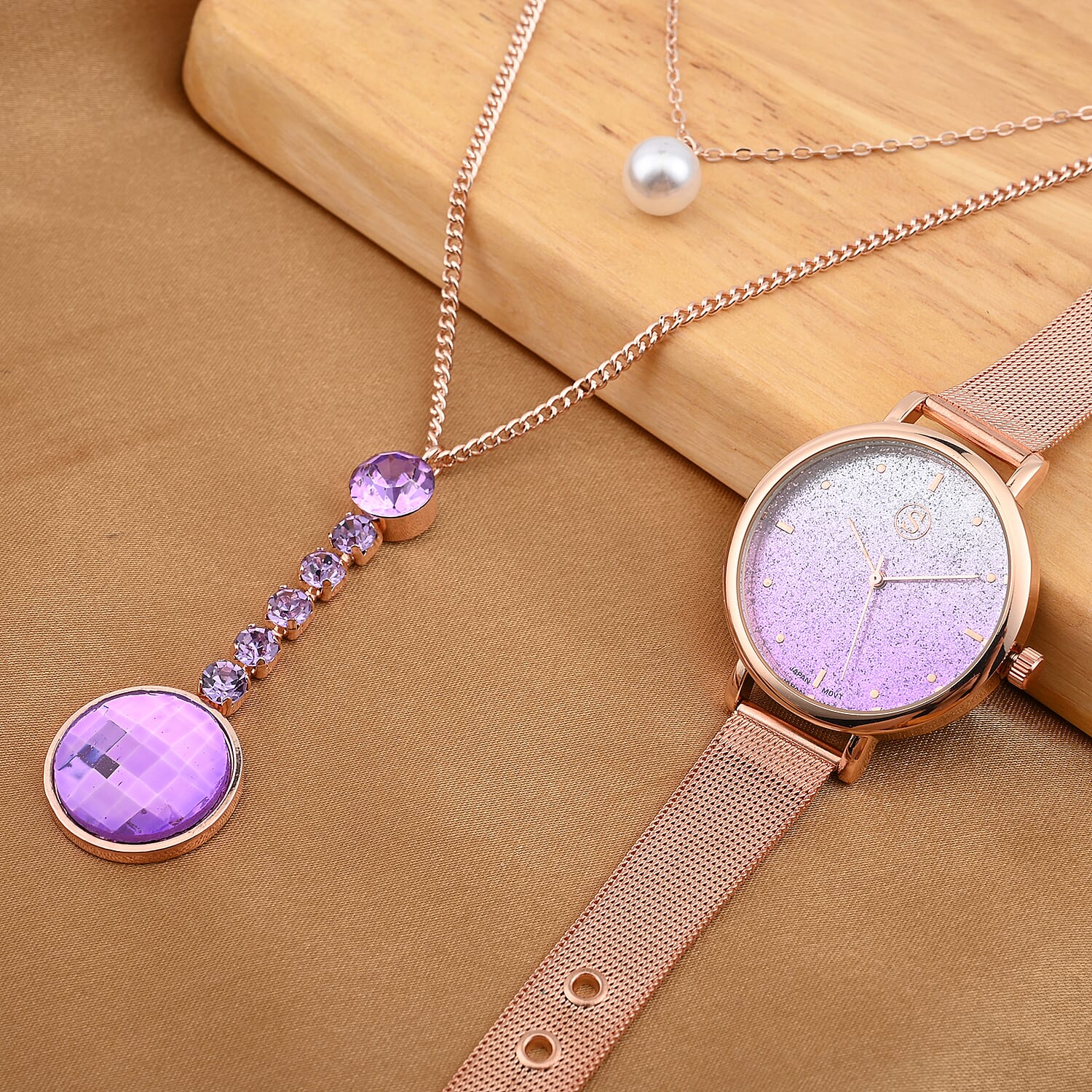 Set of 2 - STRADA Japanese Movement Water Resistant Watch with Stainless Steel Mesh Belt and Necklace with Purple Crystal - Rose Gold