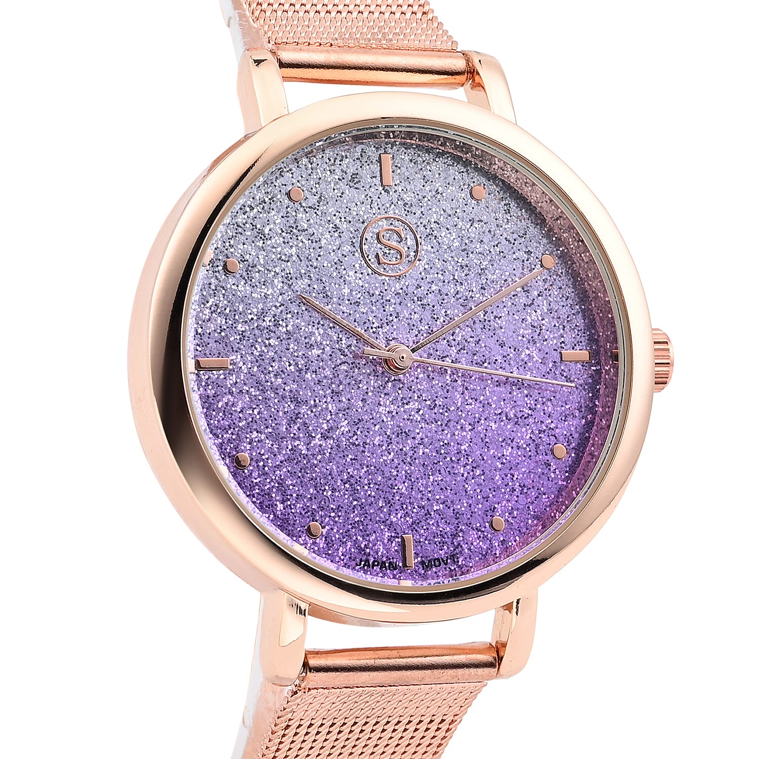 Set of 2 - STRADA Japanese Movement Water Resistant Watch with Stainless Steel Mesh Belt and Necklace with Purple Crystal - Rose Gold