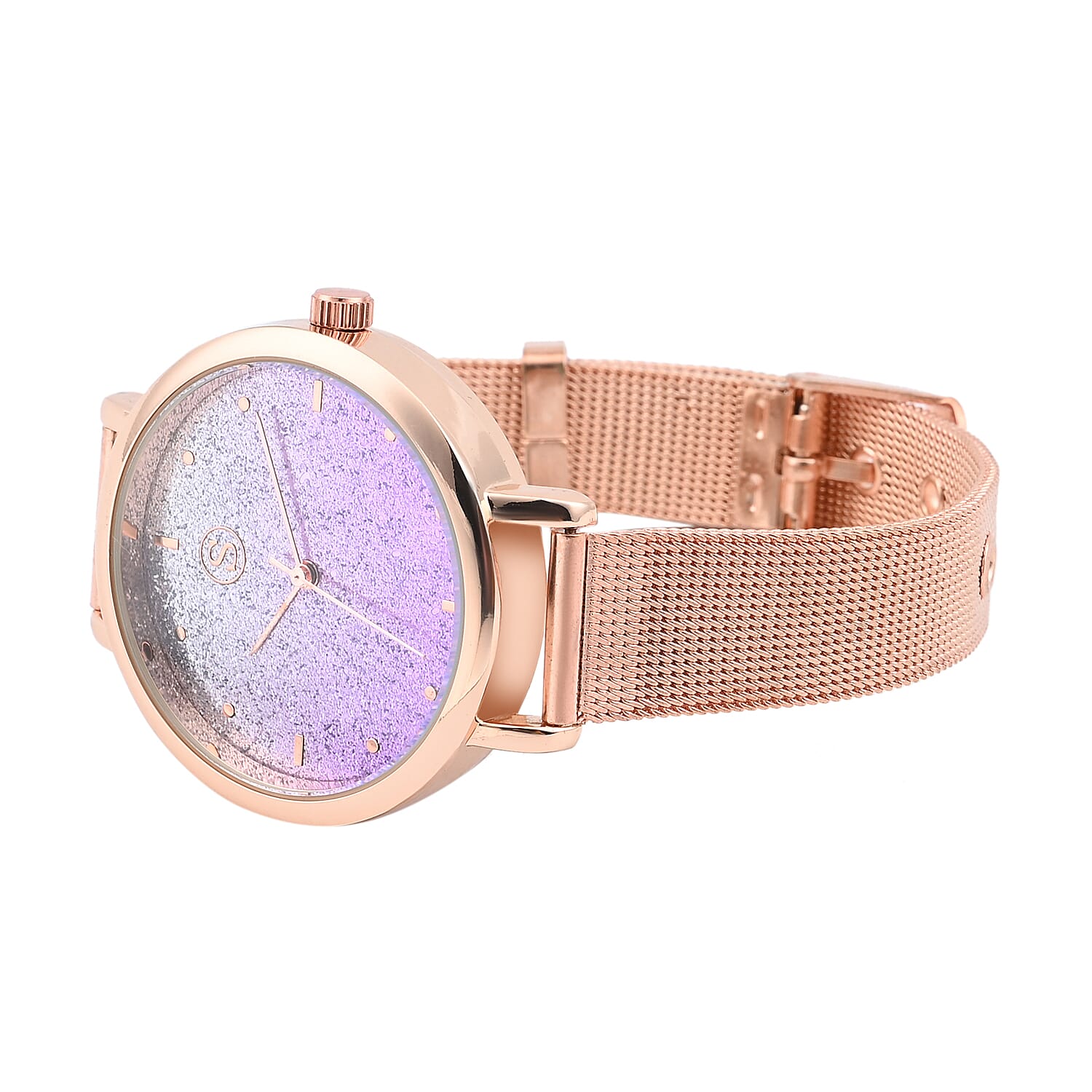 Set of 2 - STRADA Japanese Movement Water Resistant Watch with Stainless Steel Mesh Belt and Necklace with Purple Crystal - Rose Gold