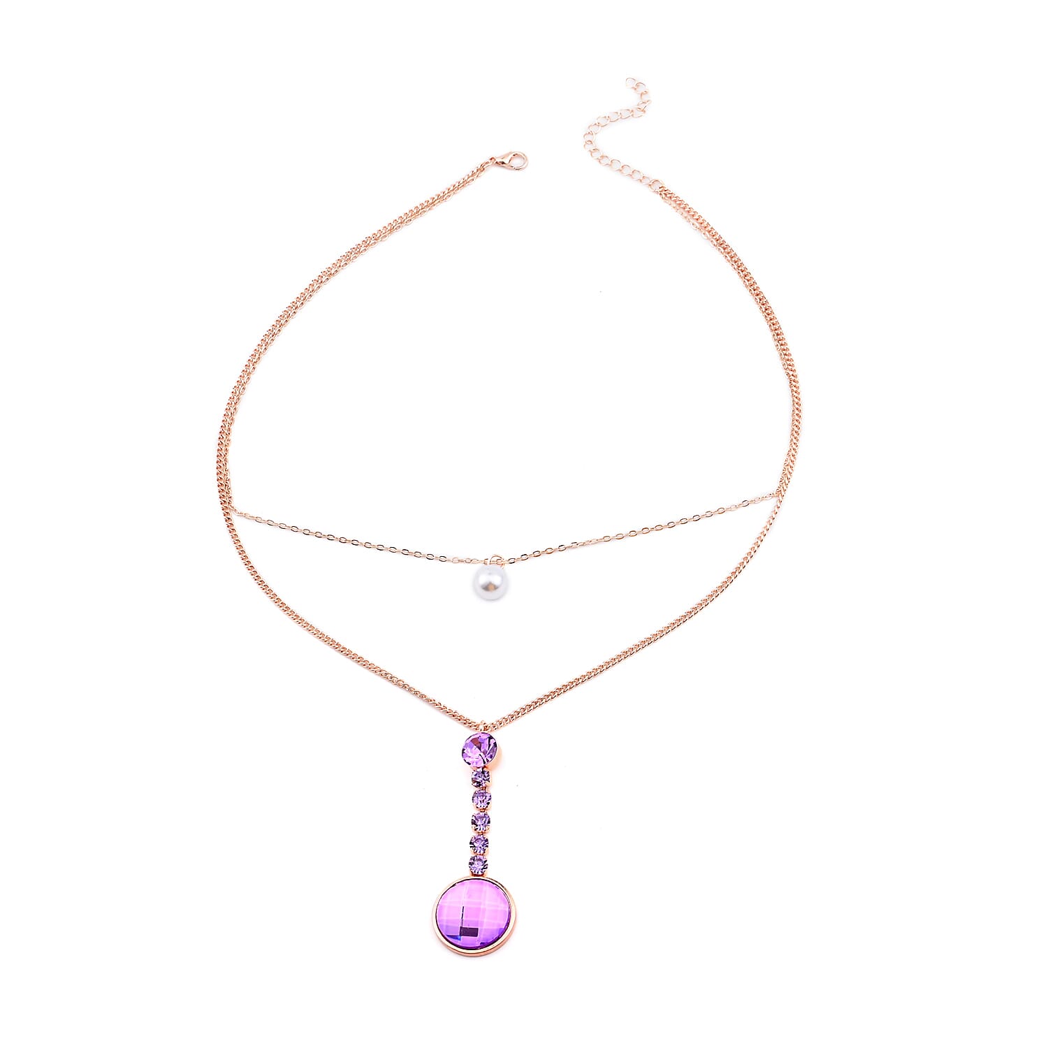 Set of 2 - STRADA Japanese Movement Water Resistant Watch with Stainless Steel Mesh Belt and Necklace with Purple Crystal - Rose Gold