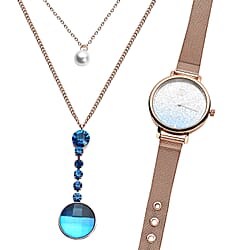 Set of 2 - STRADA Japanese Movement Water Resistant Watch with Stainless Steel Mesh Belt and Necklace with Purple Crystal - Rose Gold