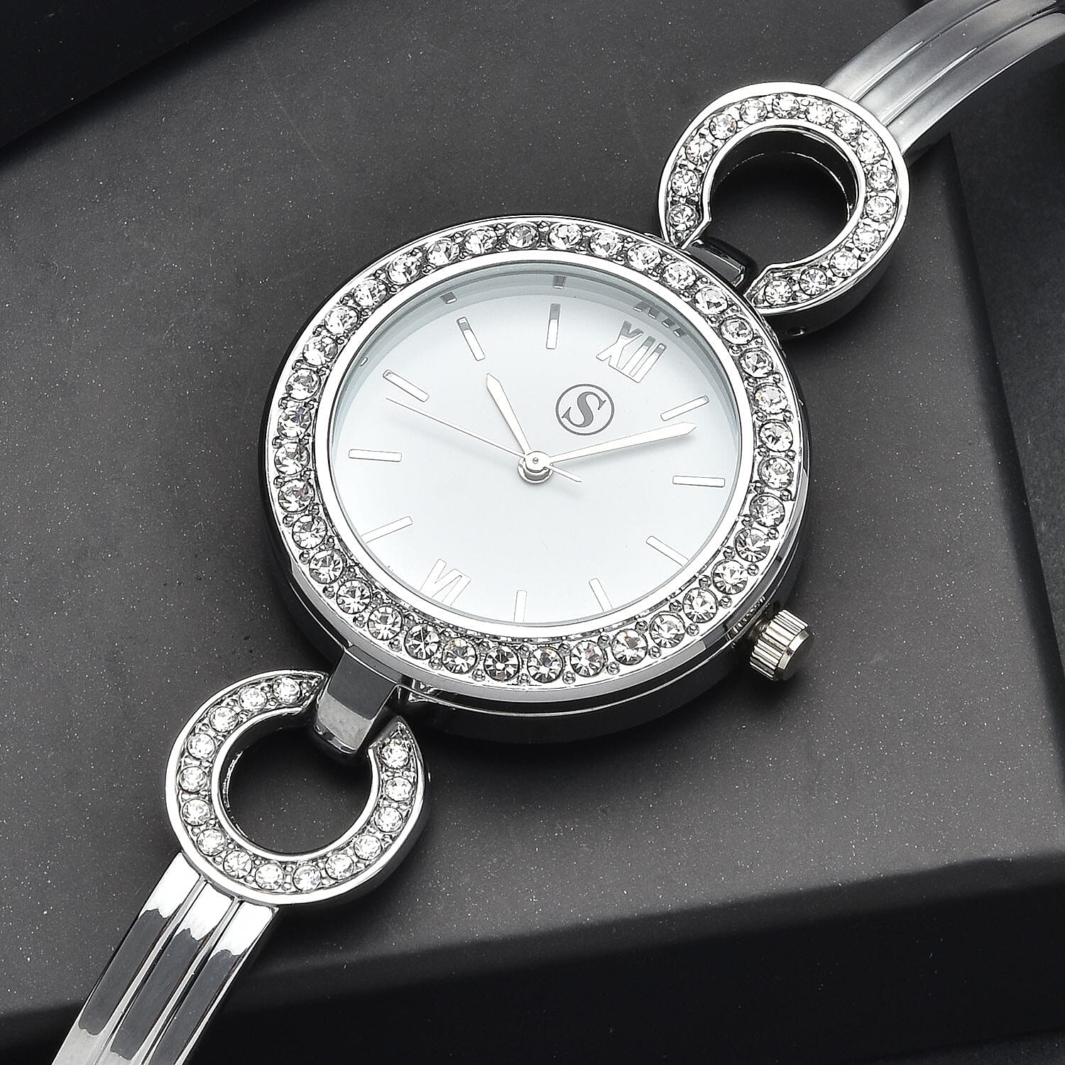 STRADA Japanese Movement Crystal Studded Water Resistant Bracelet Watch in Silver Tone with 4 Interchangeable Bezel Rings