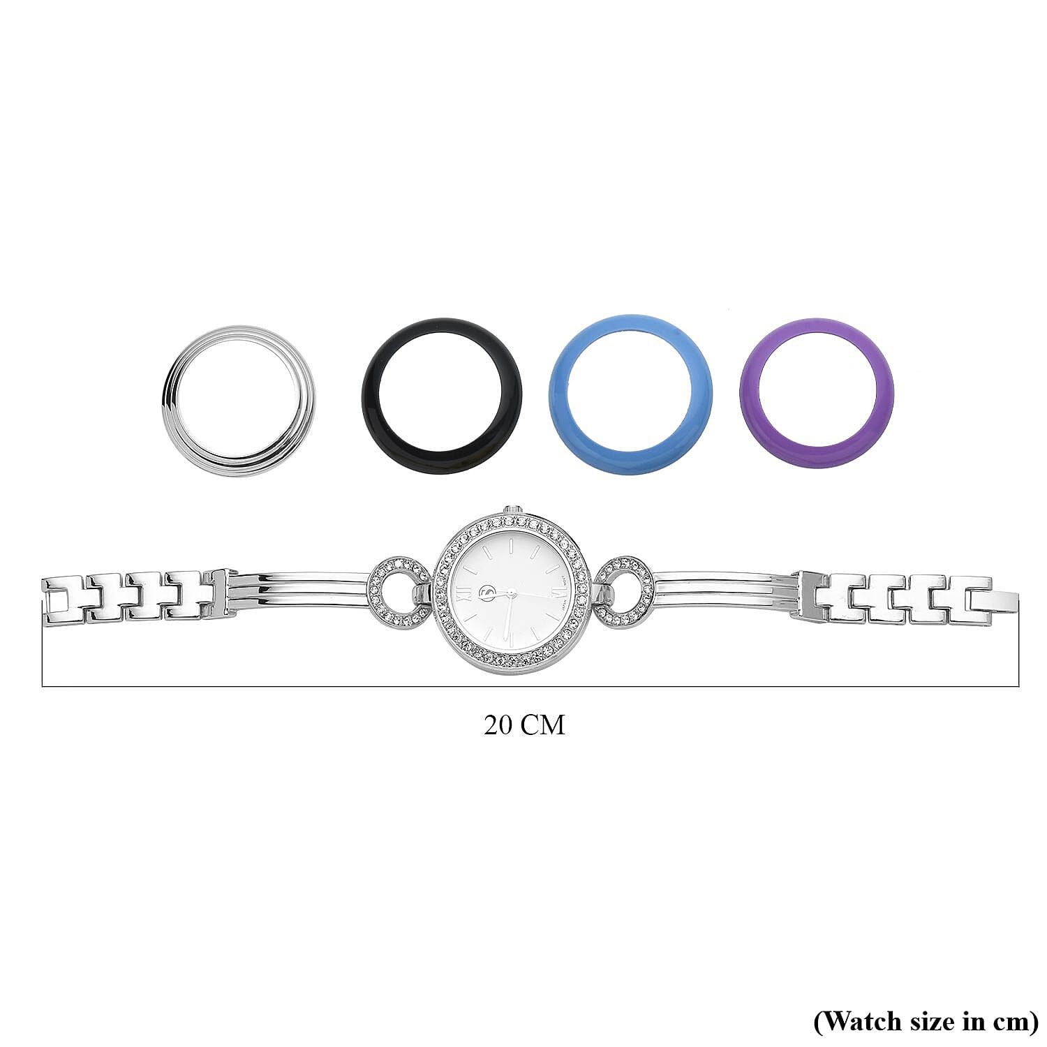 STRADA Japanese Movement Crystal Studded Water Resistant Bracelet Watch in Silver Tone with 4 Interchangeable Bezel Rings