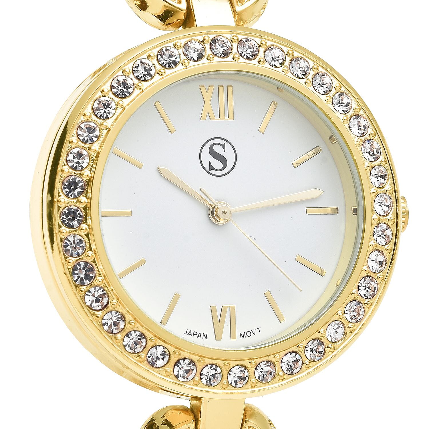 STRADA Japanese Movement Crystal Studded Water Resistant Bracelet Watch in Gold Tone with 4 Interchangeable Bezel Rings