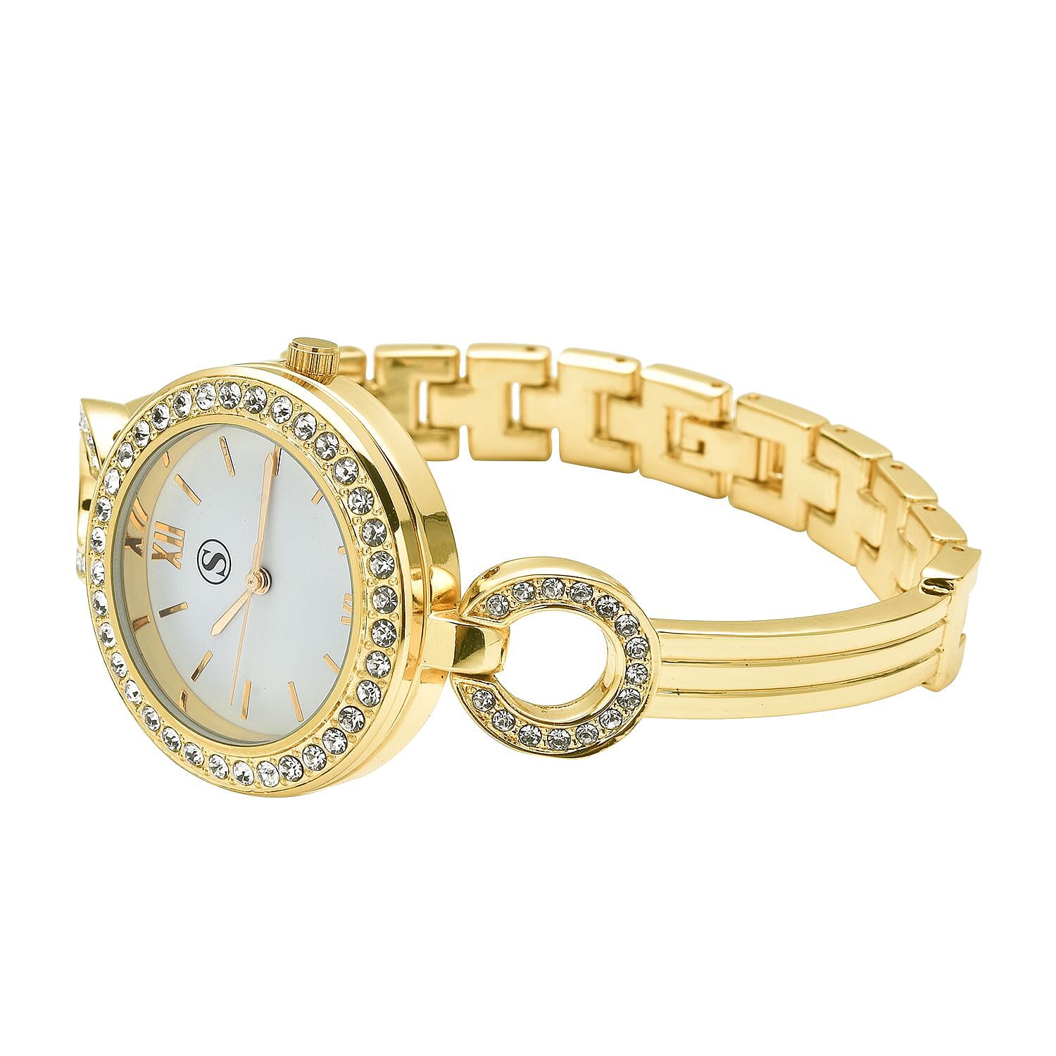 STRADA Japanese Movement Crystal Studded Water Resistant Bracelet Watch in Gold Tone with 4 Interchangeable Bezel Rings