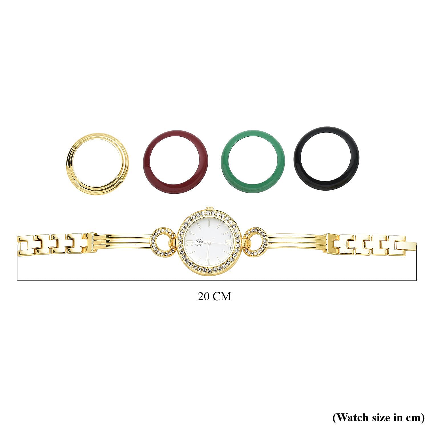 STRADA Japanese Movement Crystal Studded Water Resistant Bracelet Watch in Gold Tone with 4 Interchangeable Bezel Rings