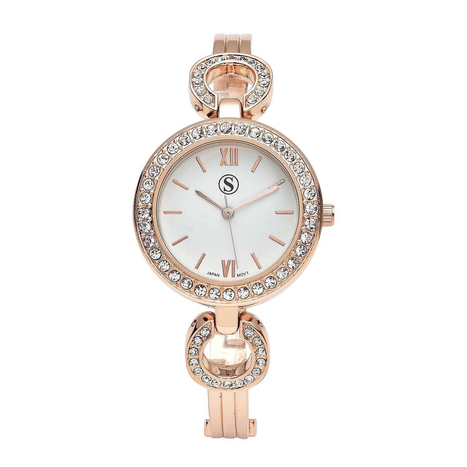 STRADA Japanese Movement Crystal Studded Water Resistant Bracelet Watch in Rose Gold Tone with 4 Interchangeable Bezel Rings