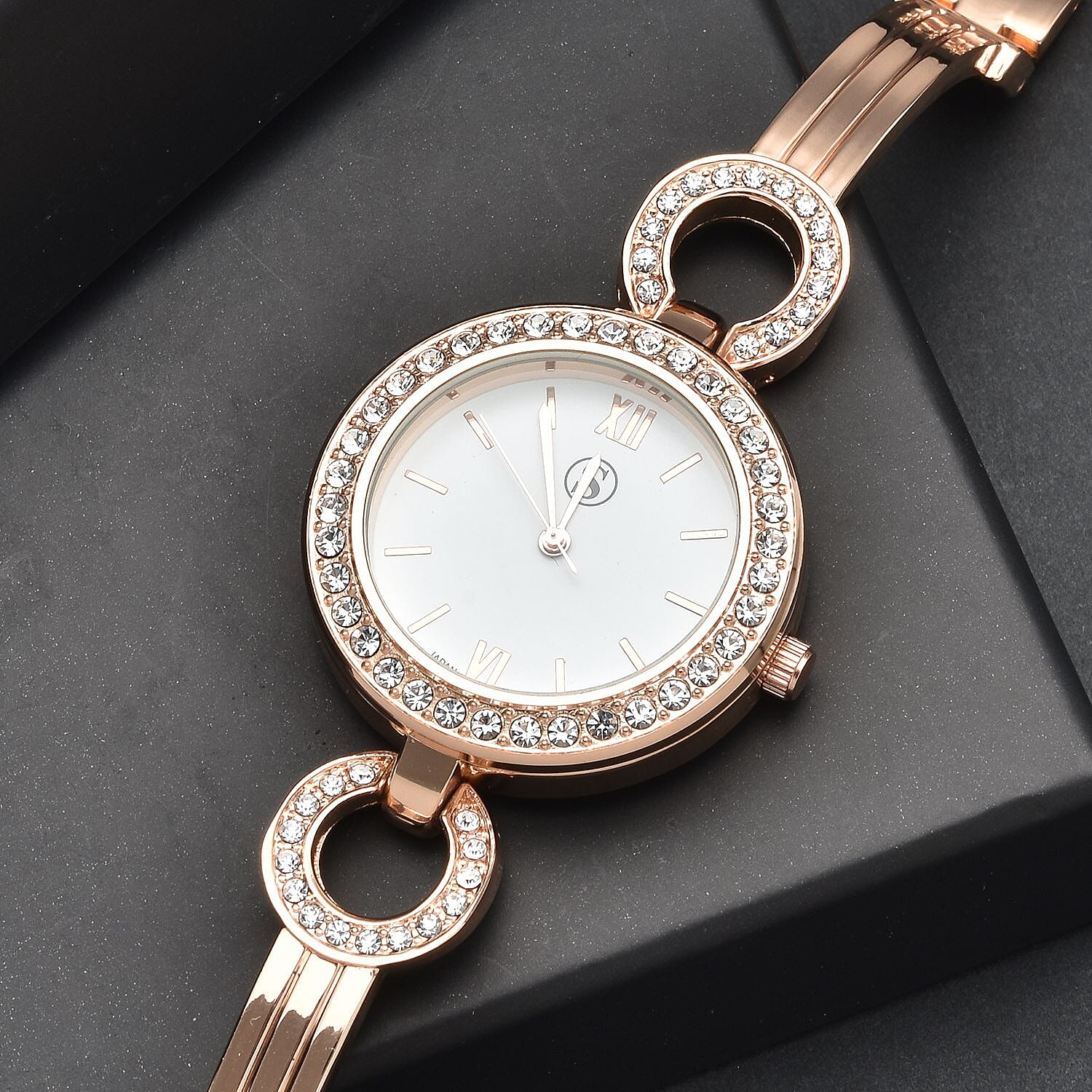 STRADA Japanese Movement Crystal Studded Water Resistant Bracelet Watch in Rose Gold Tone with 4 Interchangeable Bezel Rings