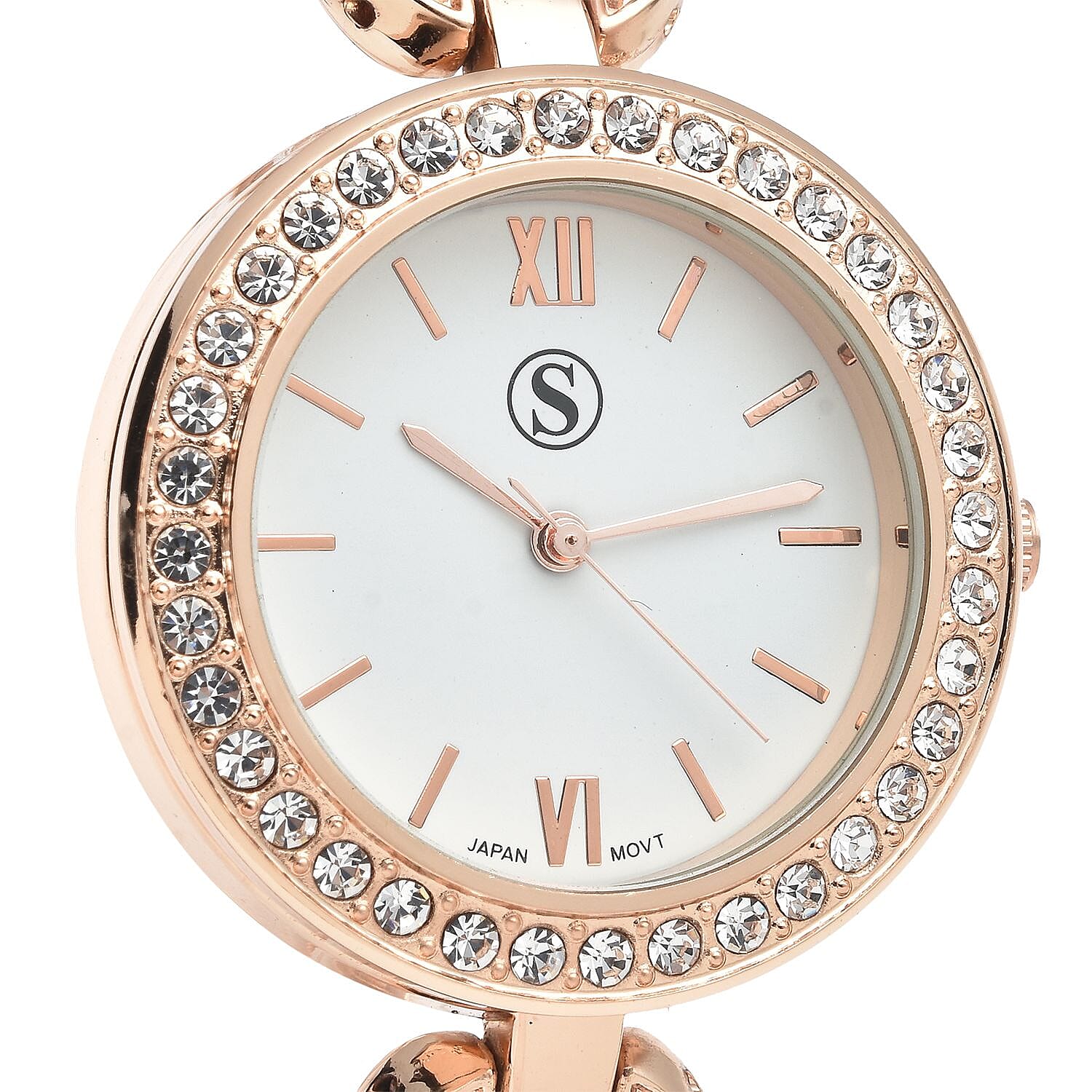 STRADA Japanese Movement Crystal Studded Water Resistant Bracelet Watch in Rose Gold Tone with 4 Interchangeable Bezel Rings