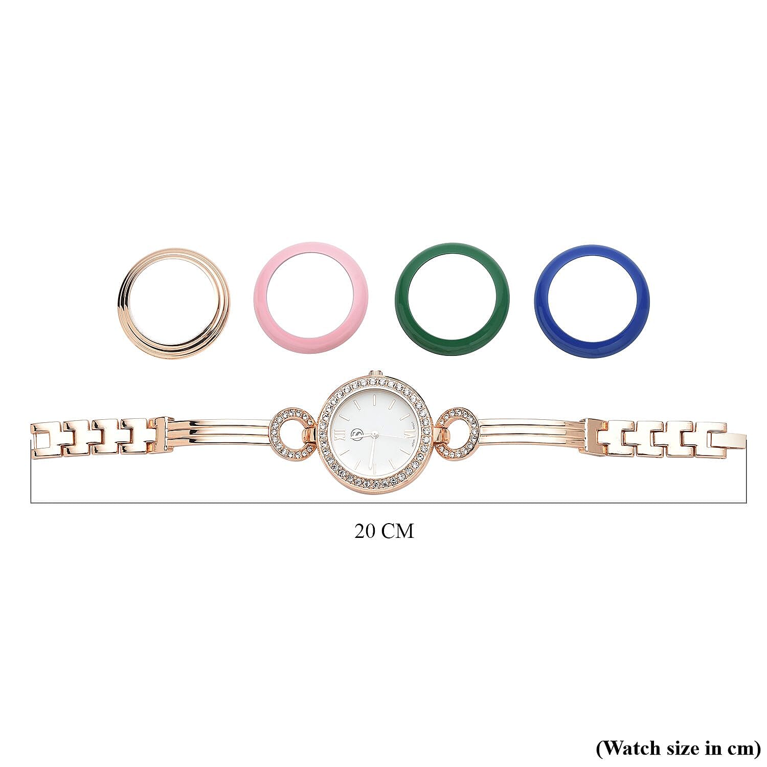 STRADA Japanese Movement Crystal Studded Water Resistant Bracelet Watch in Rose Gold Tone with 4 Interchangeable Bezel Rings