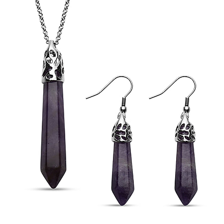 2 Piece Set - Amethyst Pendant with Chain (Size 20 with 2 inch Extender) and Earrings With Hook in Silver Tone