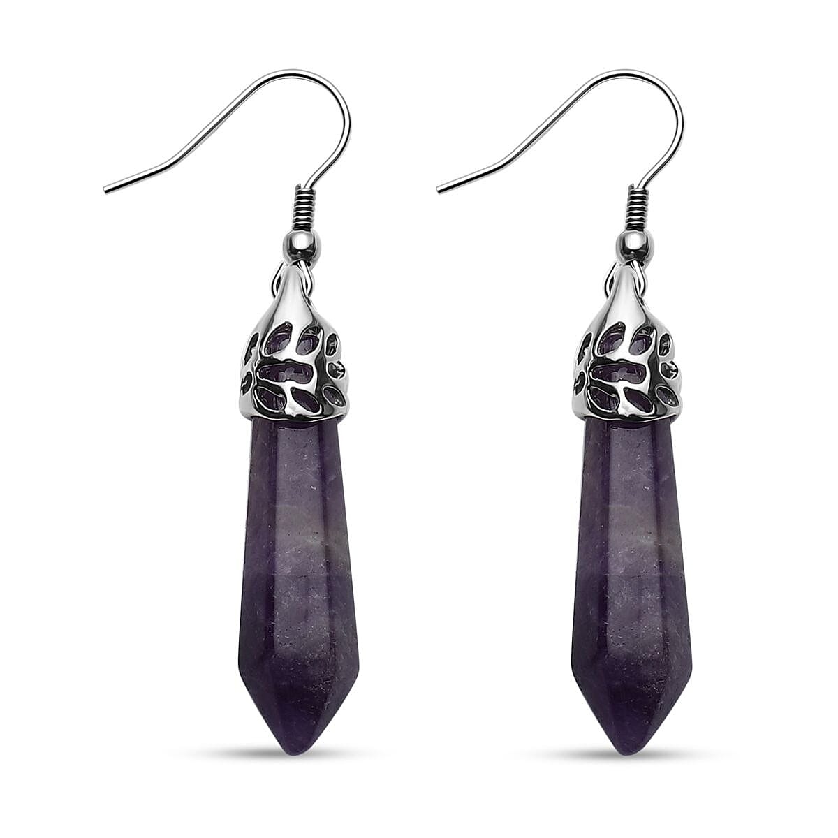2 Piece Set - Amethyst Pendant with Chain (Size 20 with 2 inch Extender) and Earrings With Hook in Silver Tone