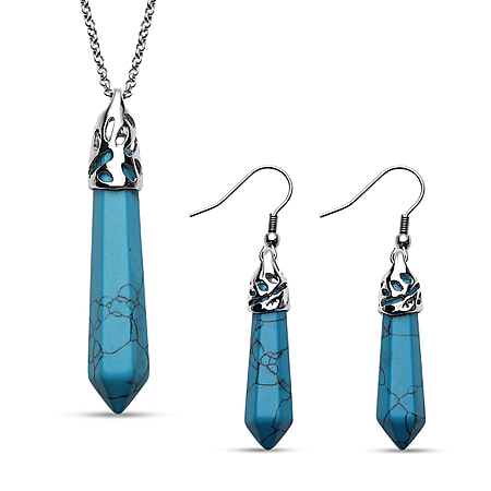 2 Piece Set - Blue Howlite Pendant with Chain (Size 20 with 2 inch Extender) and Earrings With Hook in Silver Tone