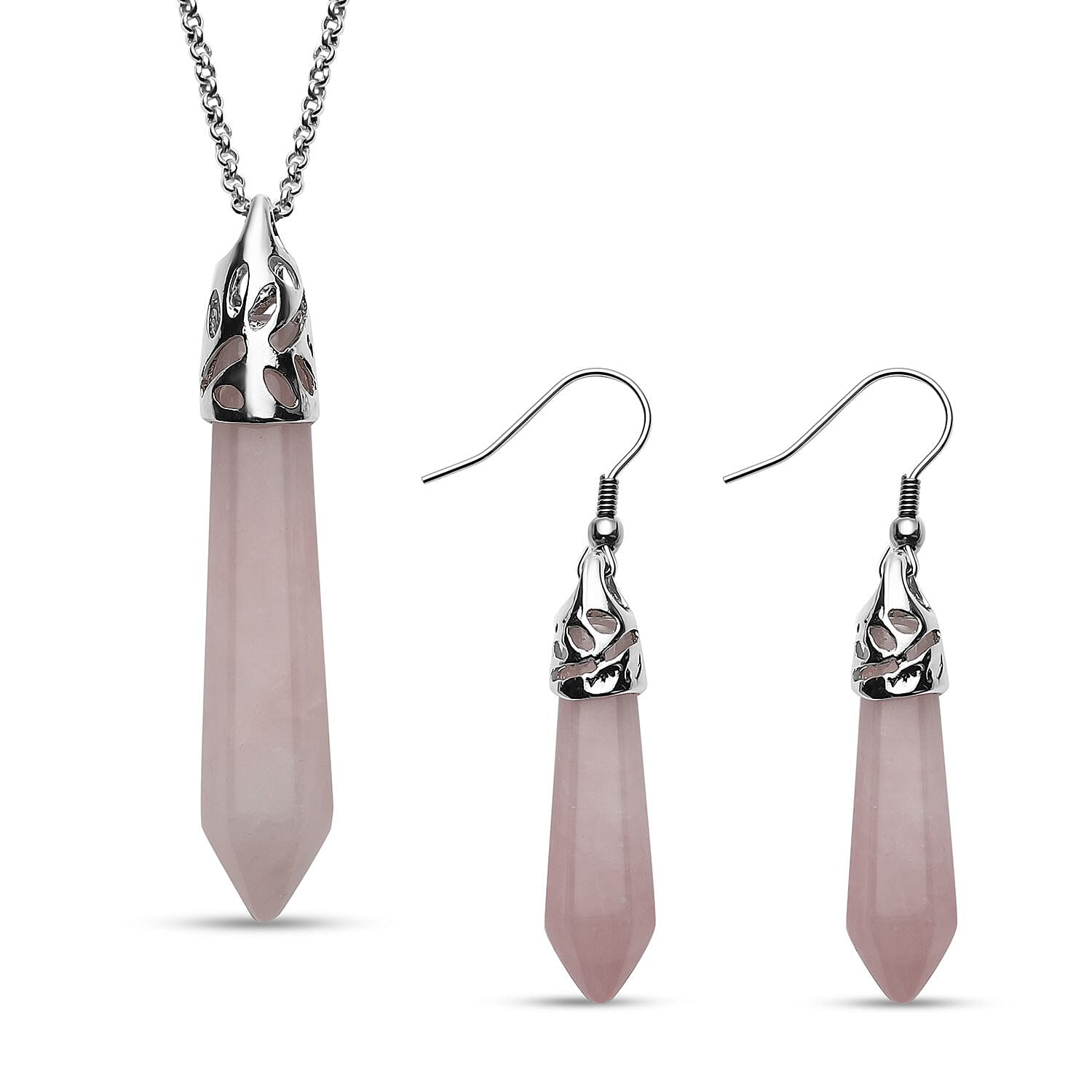 2 Piece Set - Rose Quartz Pendant with Chain (Size 20 with 2 inch Extender) and Earrings With Hook in Silver Tone
