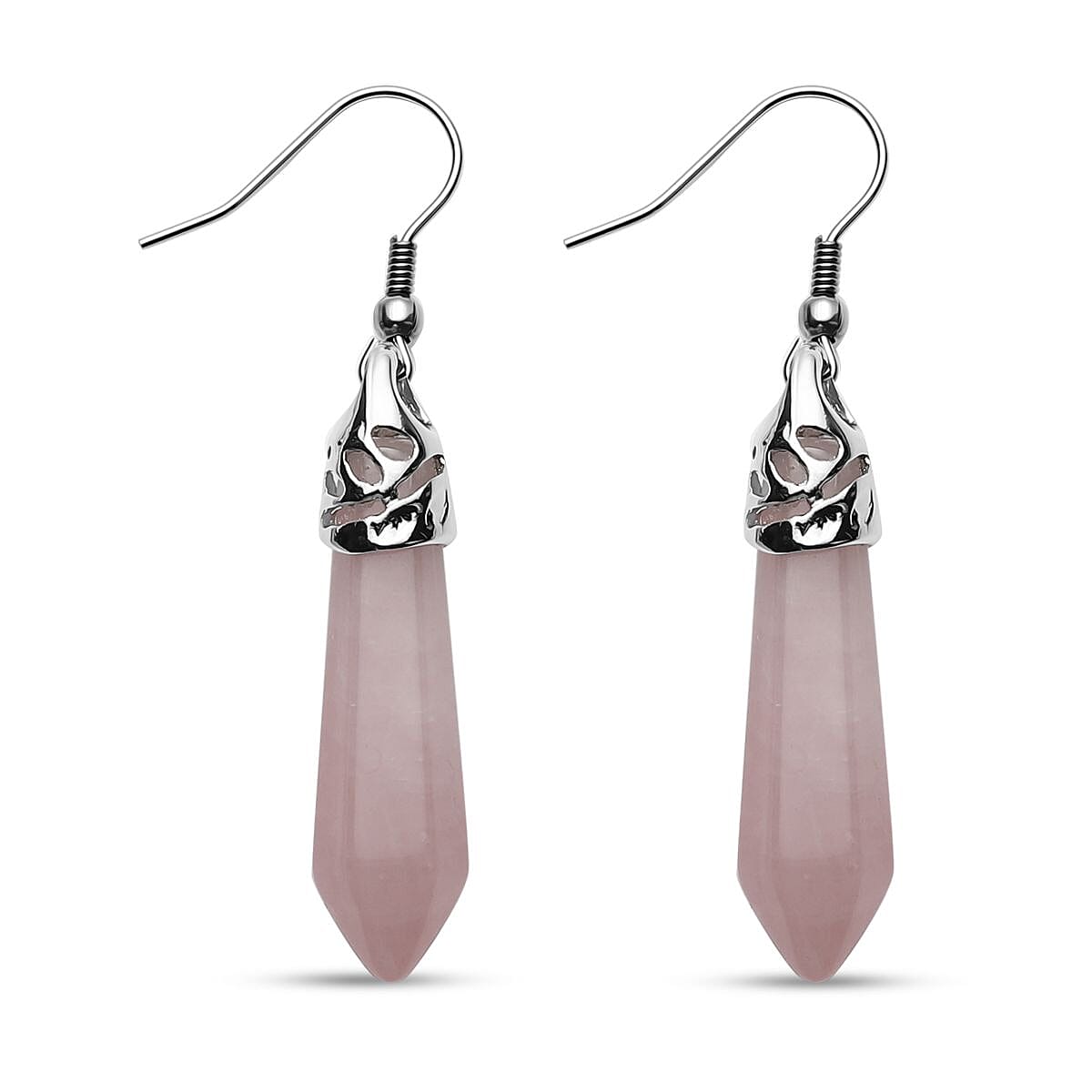 2 Piece Set - Rose Quartz Pendant with Chain (Size 20 with 2 inch Extender) and Earrings With Hook in Silver Tone