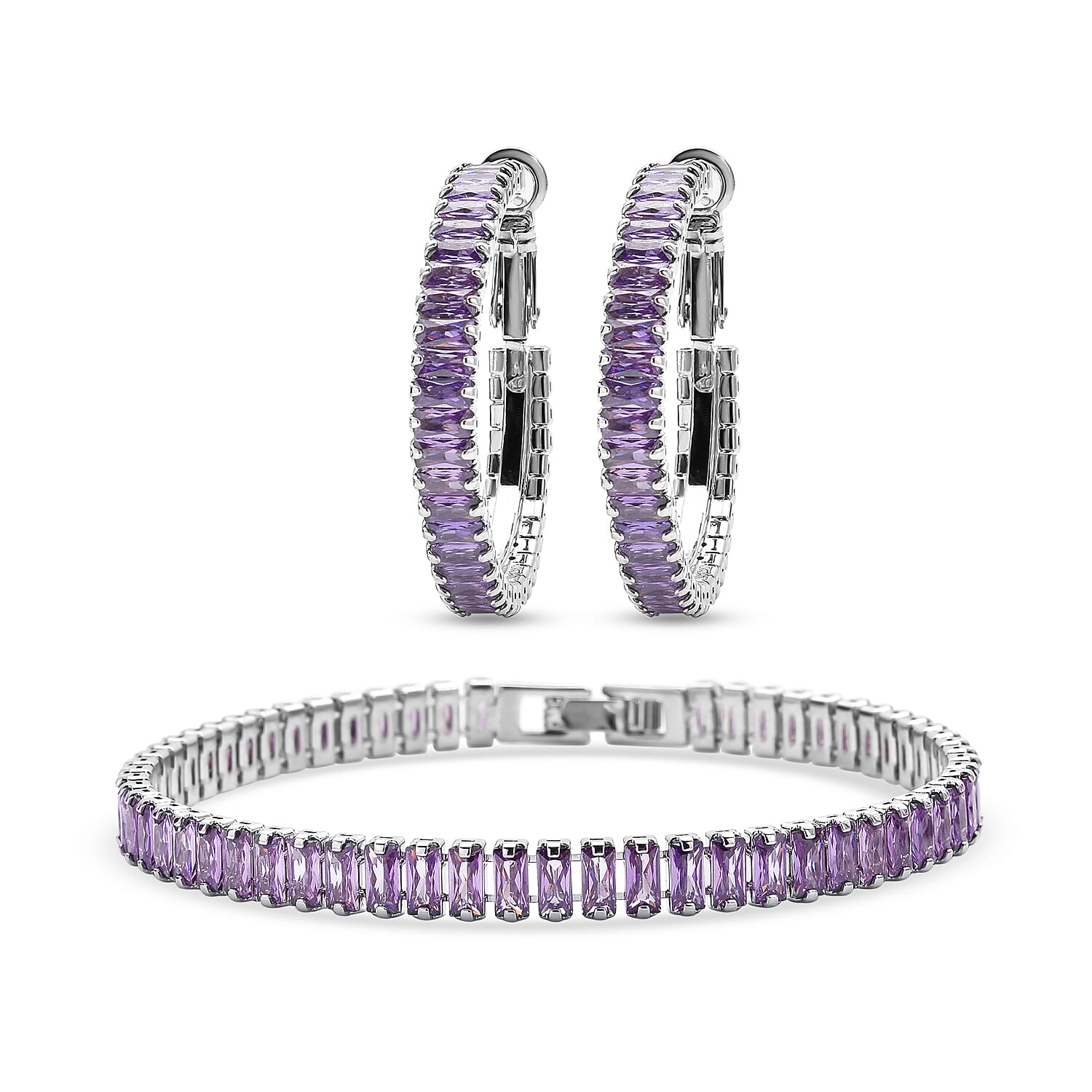 2 Piece Set - Simulated Amethyst Bracelet (Size 7.5) and Hoop Earrings in Silver Tone