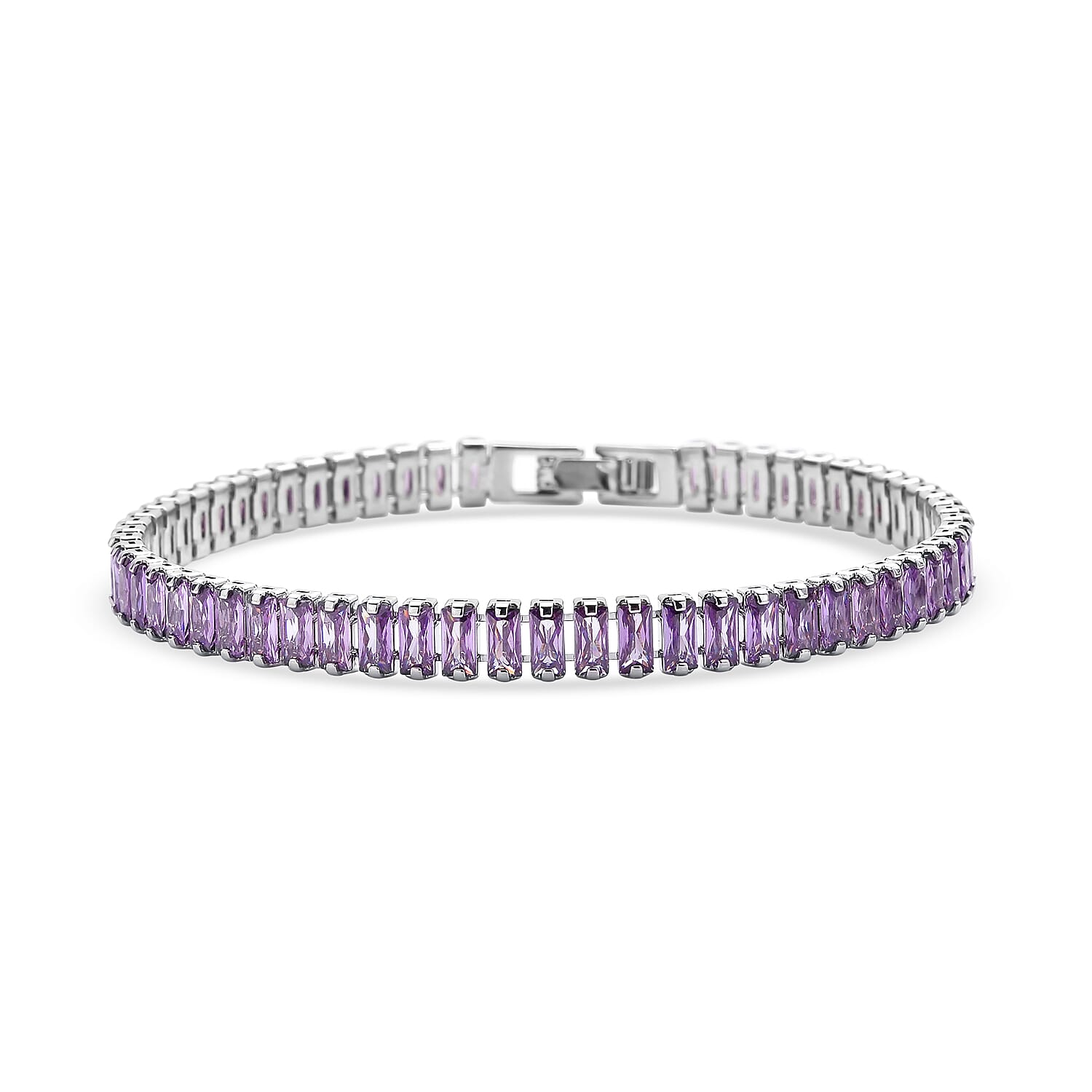 2 Piece Set - Simulated Amethyst Bracelet (Size 7.5) and Hoop Earrings in Silver Tone