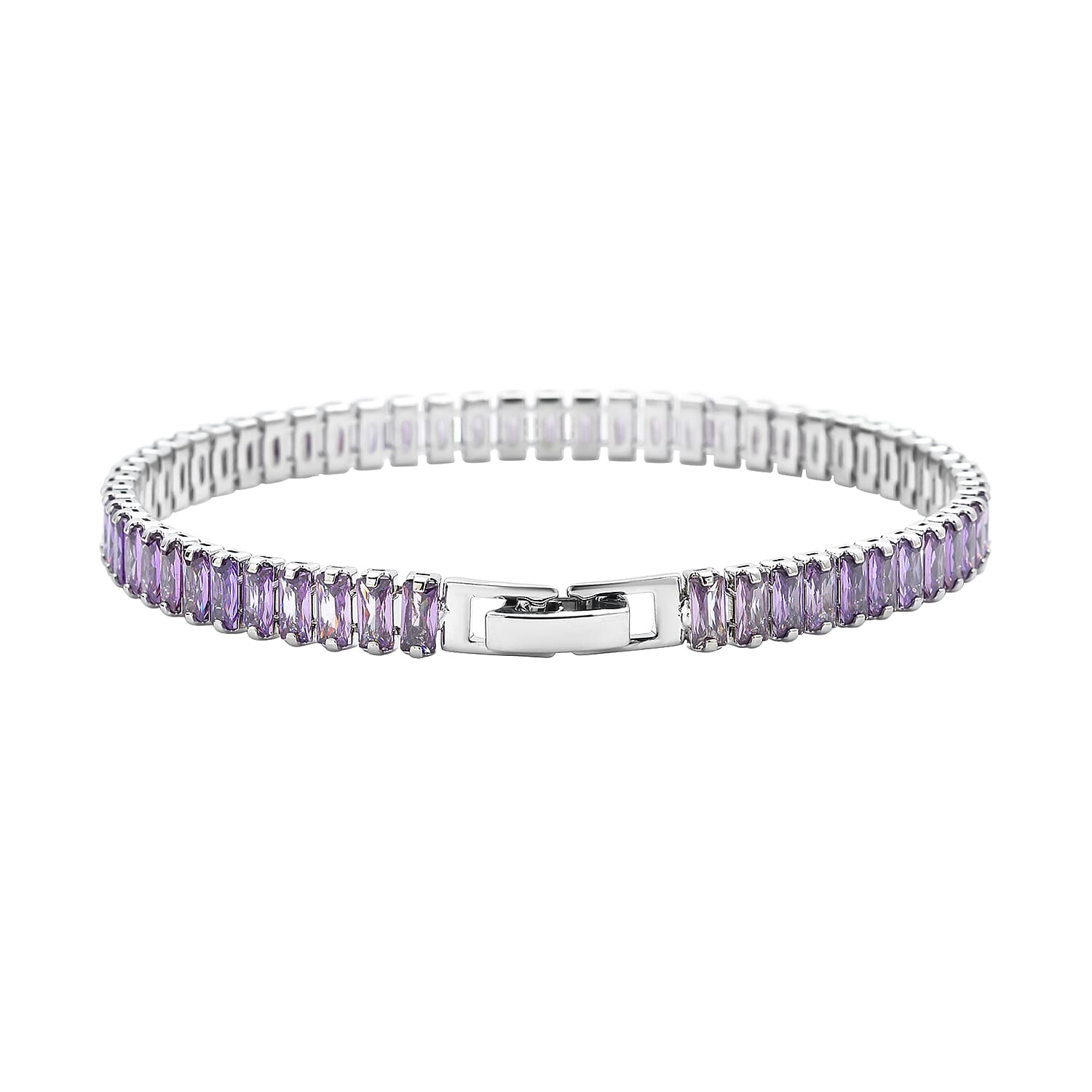2 Piece Set - Simulated Amethyst Bracelet (Size 7.5) and Hoop Earrings in Silver Tone