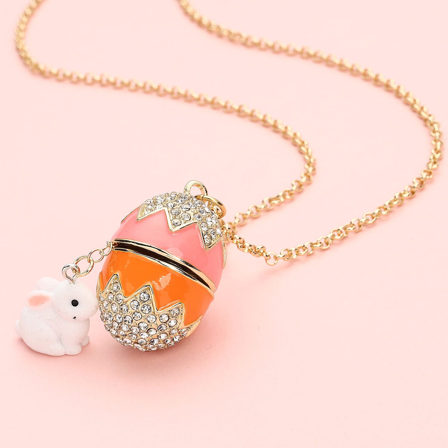 Enamelled White Austrian Crystal Easter Egg Bunny Pendant with Chain (Size 28 with 3 inch Extender)