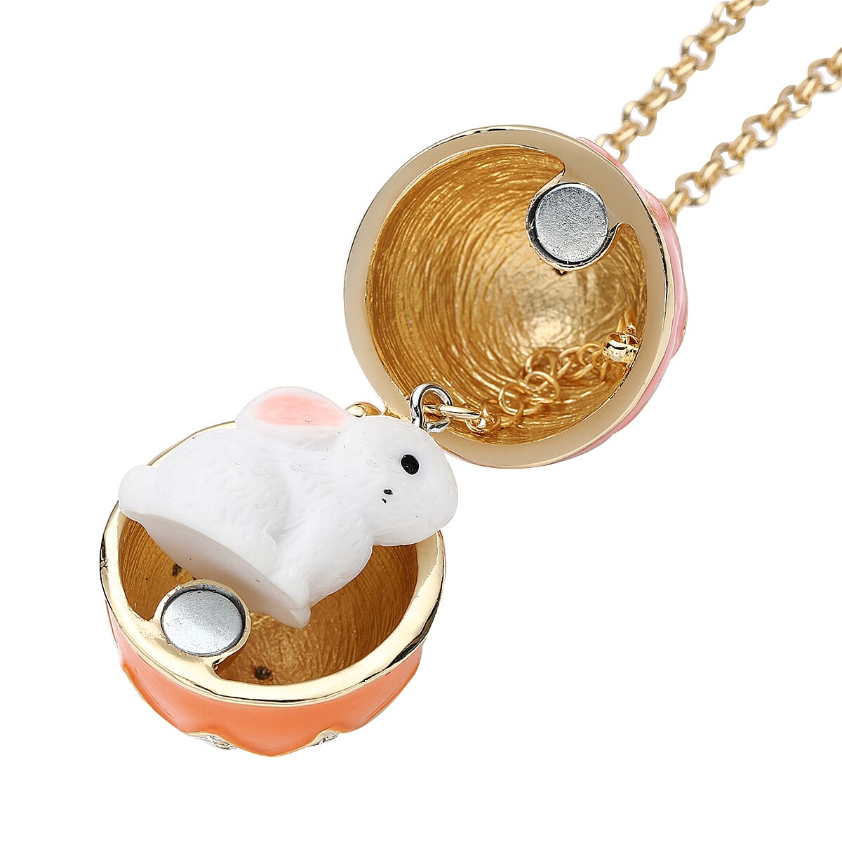 Enamelled White Austrian Crystal Easter Egg Bunny Pendant with Chain (Size 28 with 3 inch Extender)