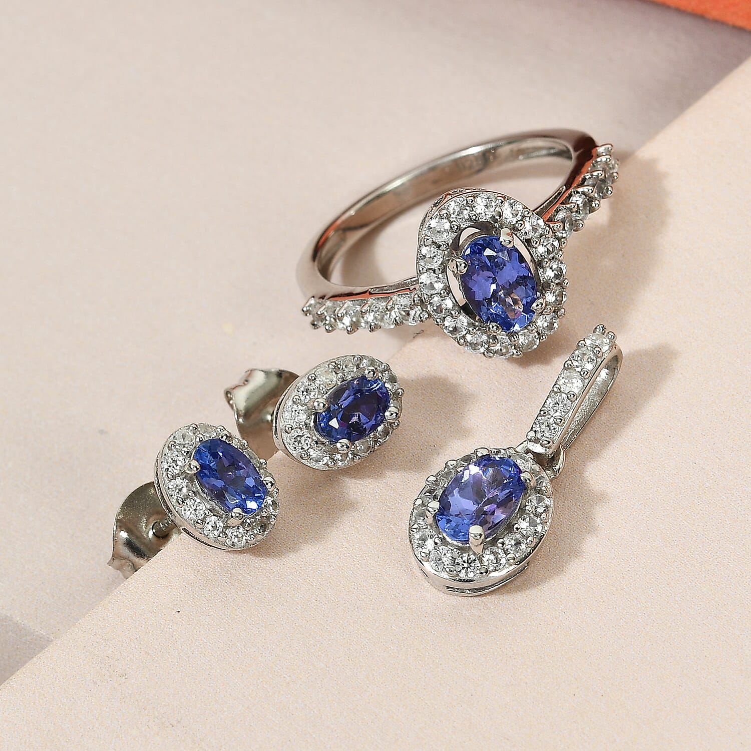 3 Piece Set -  Tanzanite,  White Zircon Ring and Main Stone With Side Stone Pendant and Main Stone W in Platinum Overlay Sterling Silver 1.29 ct  2.656  Ct.