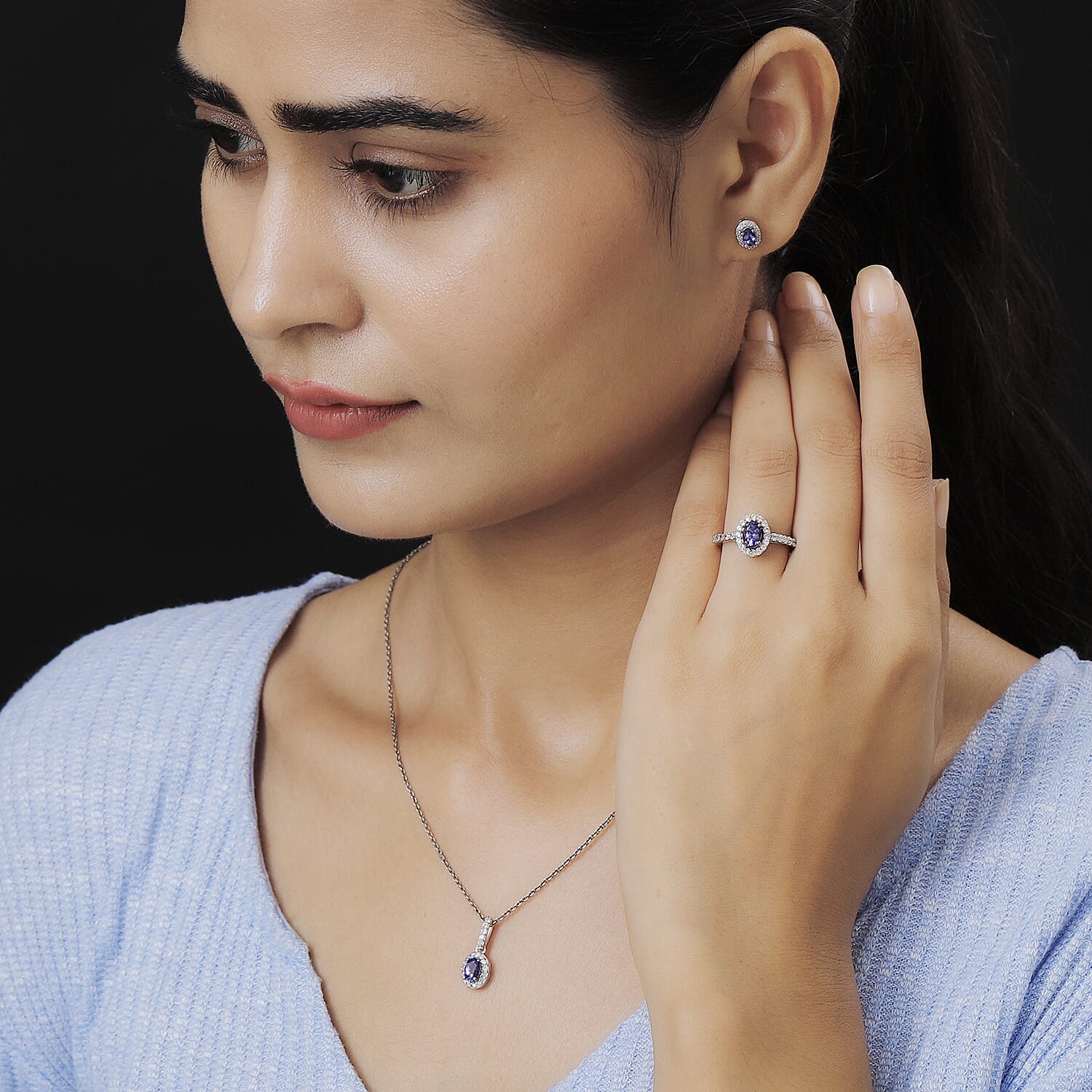 3 Piece Set -  Tanzanite,  White Zircon Ring and Main Stone With Side Stone Pendant and Main Stone W in Platinum Overlay Sterling Silver 1.29 ct  2.656  Ct.