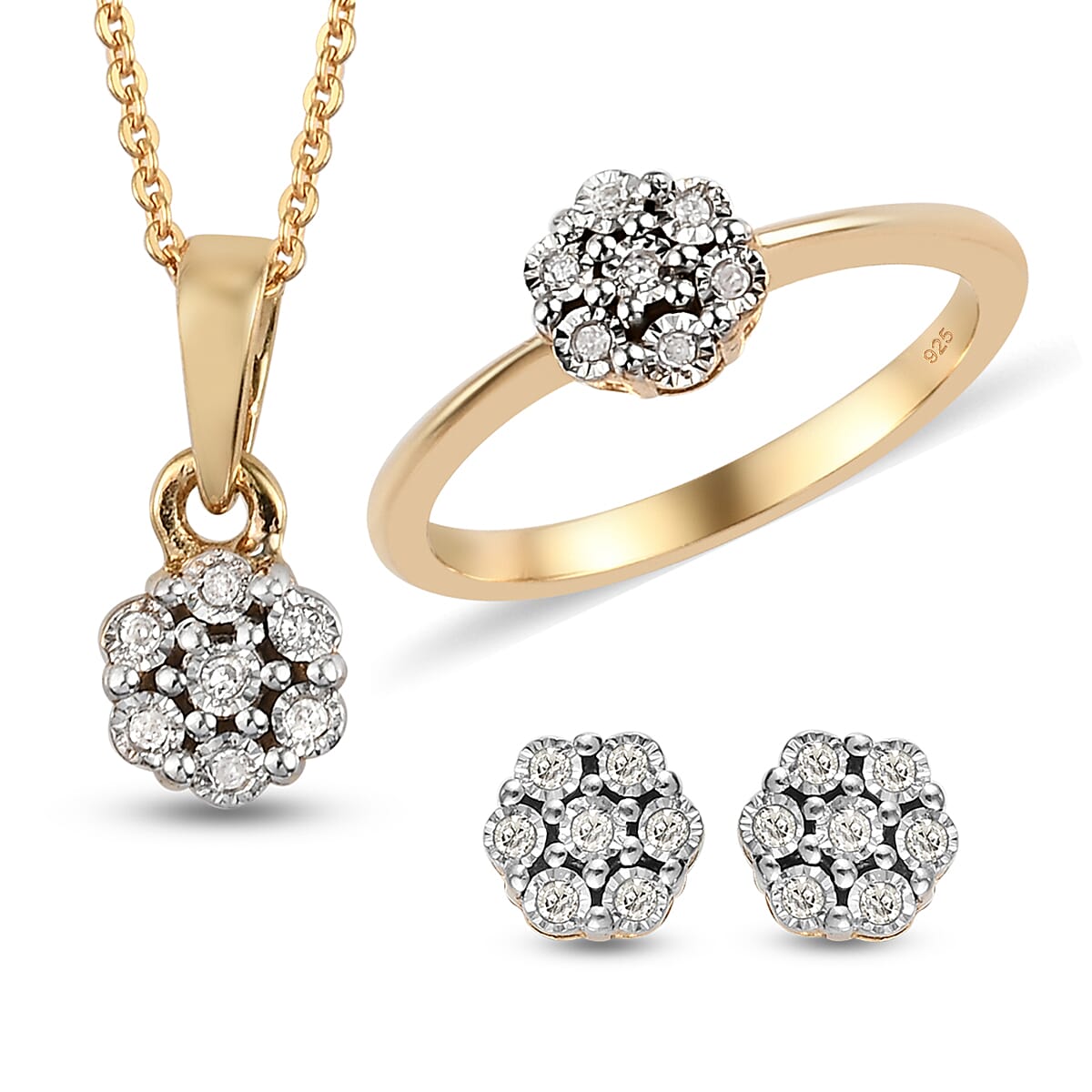 3 Piece Set - Diamond Ring, Pendant with Chain (Size 20) and Stud Earrings (with Push Back) in 14K Gold Overlay Sterling Silver 0.18 Ct, Silver Wt. 5.90 Gms
