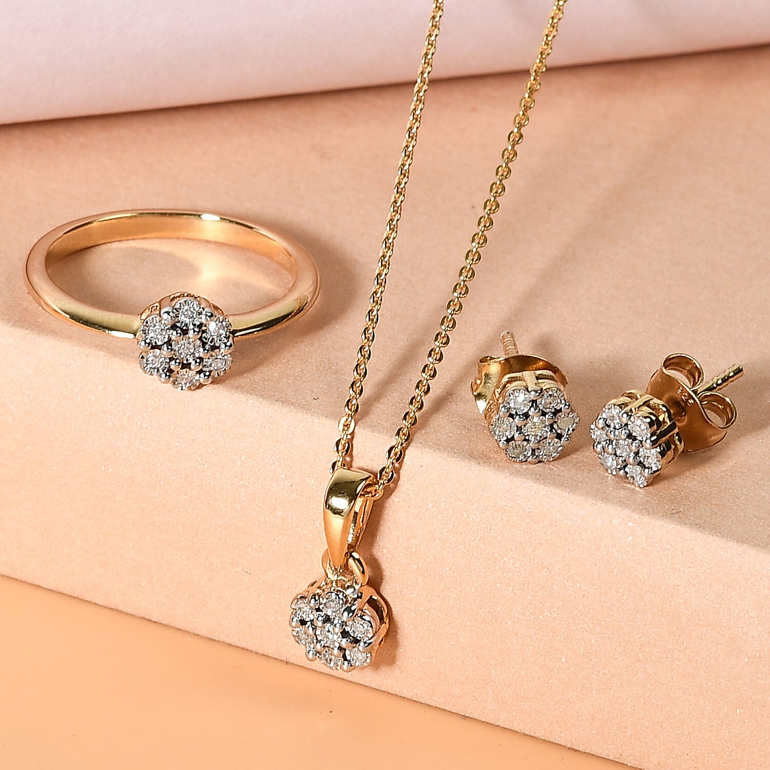 3 Piece Set - Diamond Ring, Pendant with Chain (Size 20) and Stud Earrings (with Push Back) in 14K Gold Overlay Sterling Silver 0.18 Ct, Silver Wt. 6.24 Gms