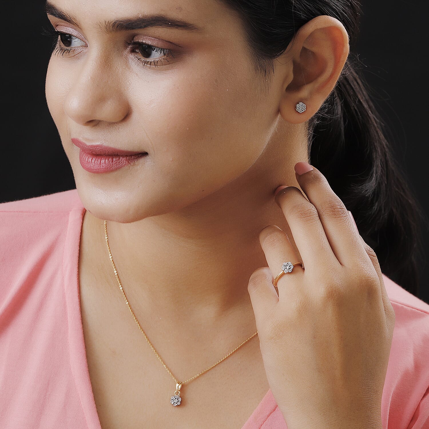 3 Piece Set - Diamond Ring, Pendant with Chain (Size 20) and Stud Earrings (with Push Back) in 14K Gold Overlay Sterling Silver 0.18 Ct, Silver Wt. 6.24 Gms