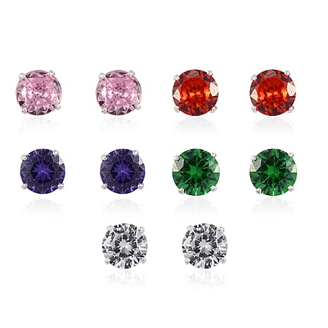 Set of 5 - Simulated Multi Diamond Stud Earrings (with Push Back) in Sterling Silver