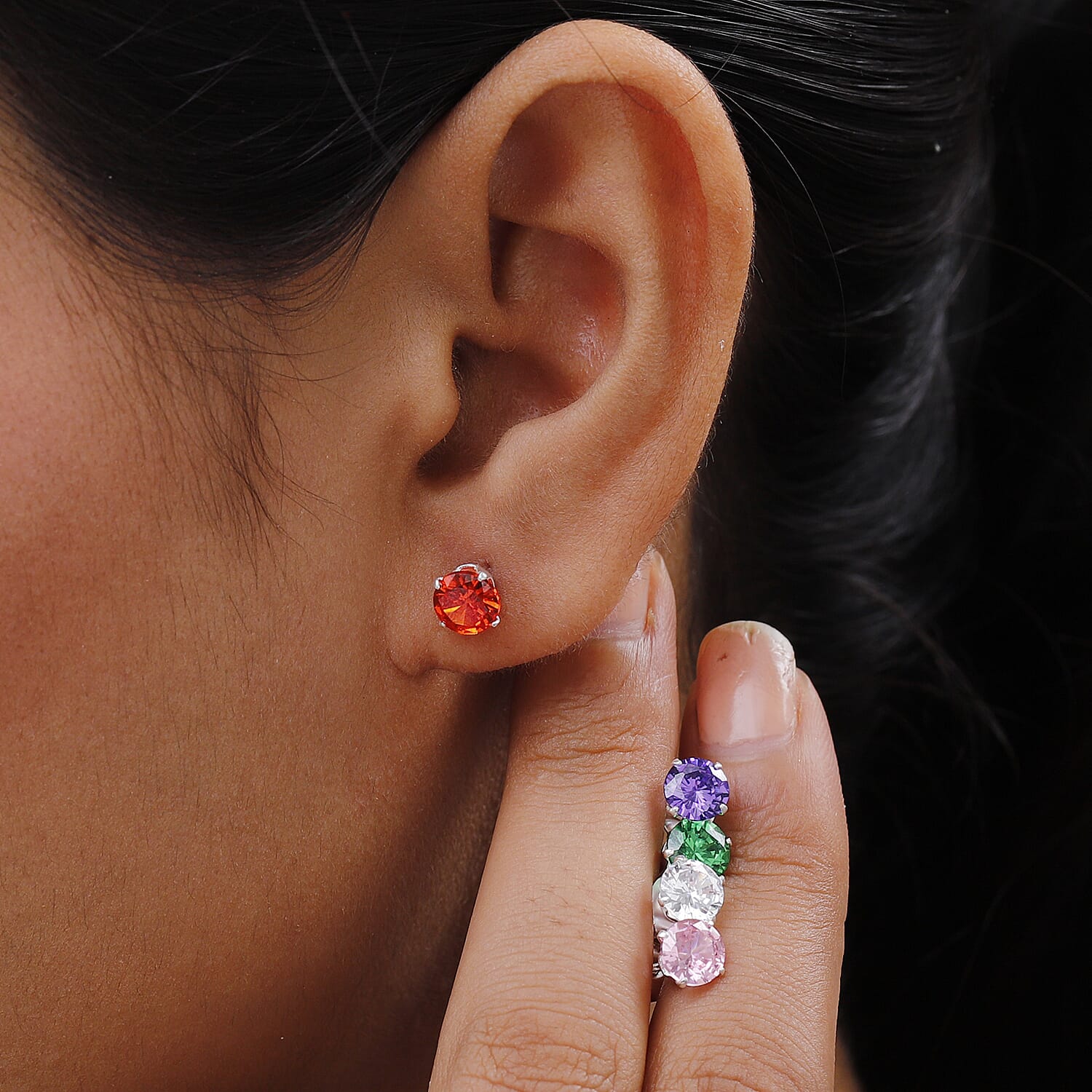 Set of 5 - Simulated Multi Diamond Stud Earrings (with Push Back) in Sterling Silver