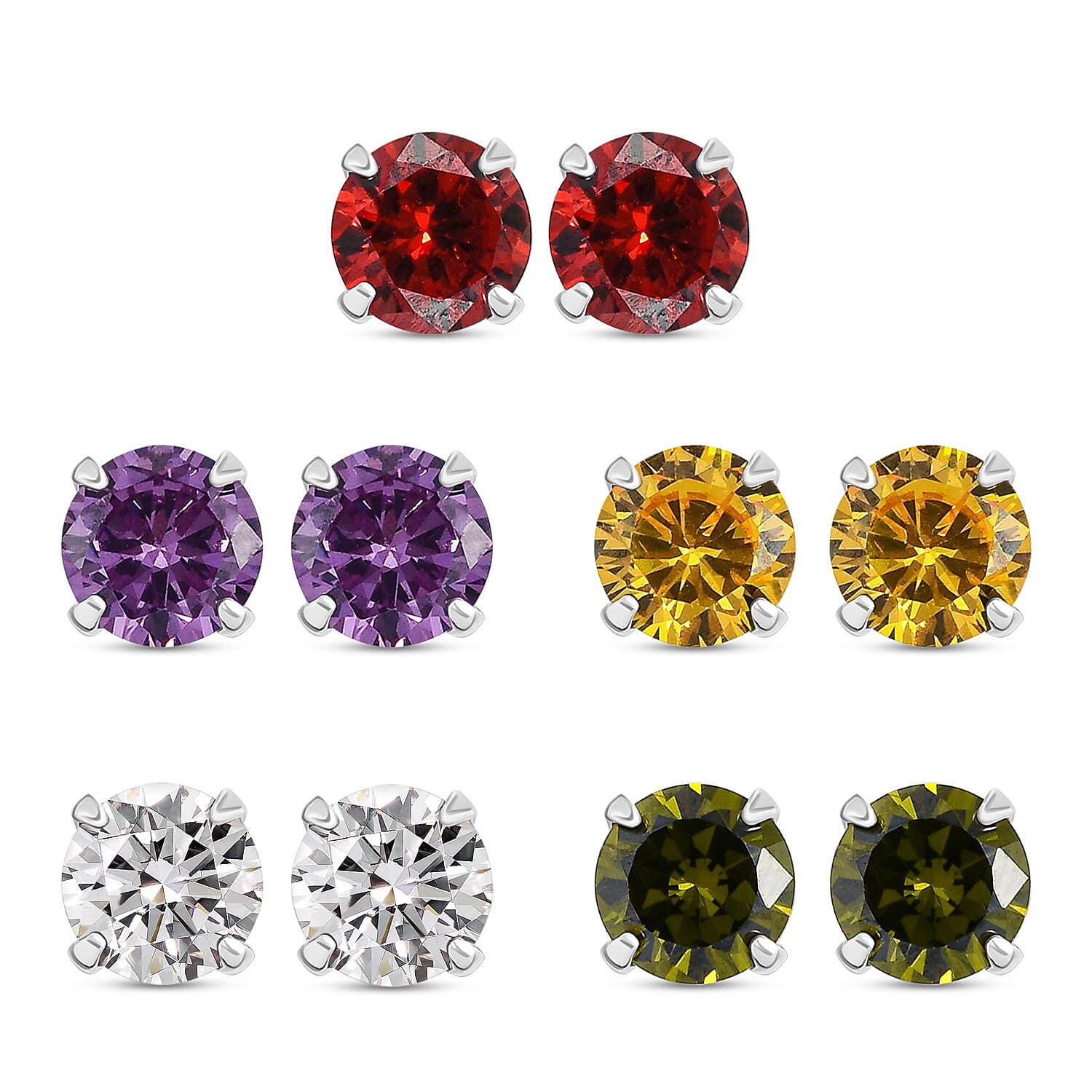 Set of 5 - ELANZA Simulated Multi Gemstone Stud Earrings in Sterling Silver