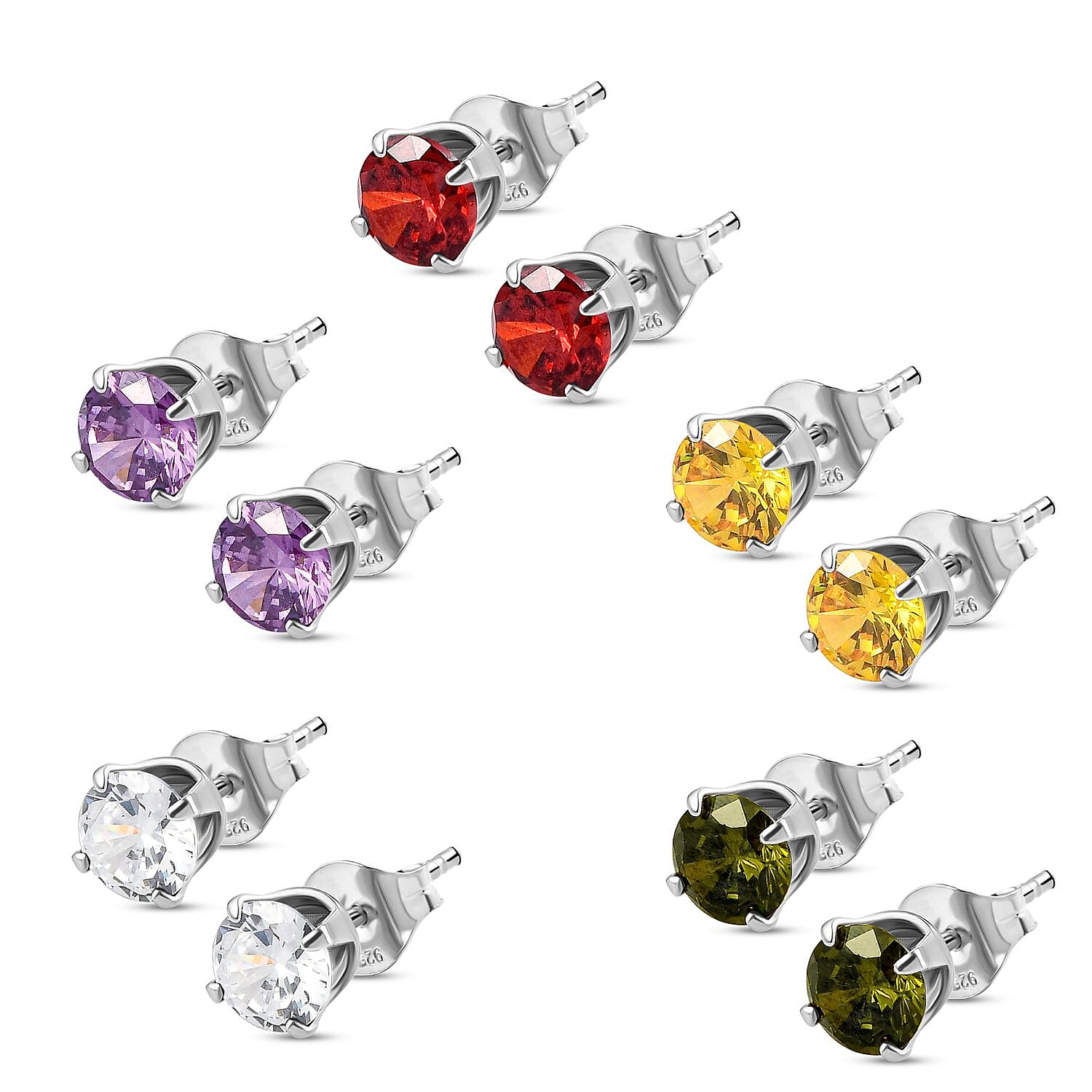 Set of 5 - ELANZA Simulated Multi Gemstone Stud Earrings in Sterling Silver