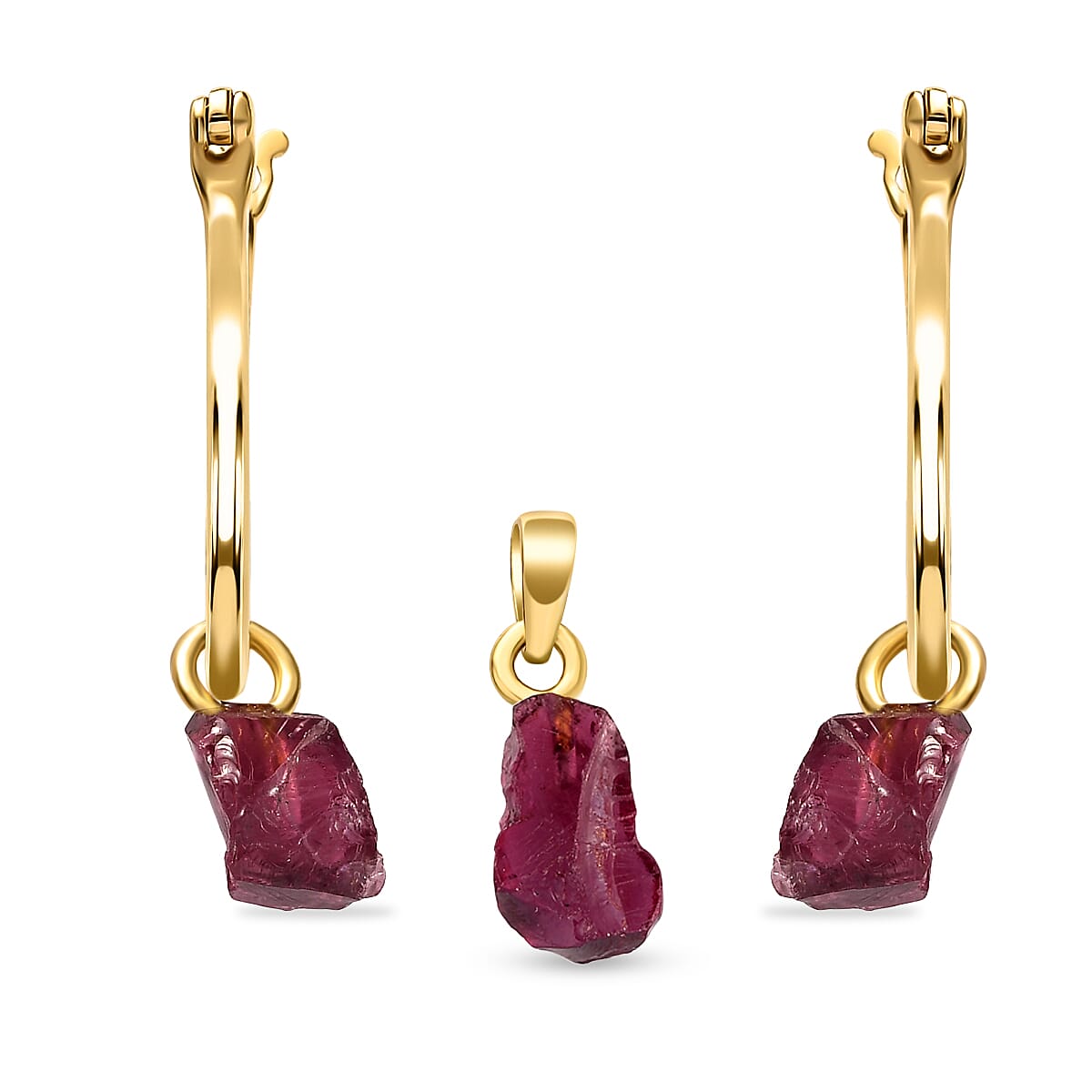 2 Piece Set - Rhodolite Garnet Pendant and Detachable Hoop Earrings with Clasp in 14K Gold Overlay Sterling Silver 12.36 Ct.
