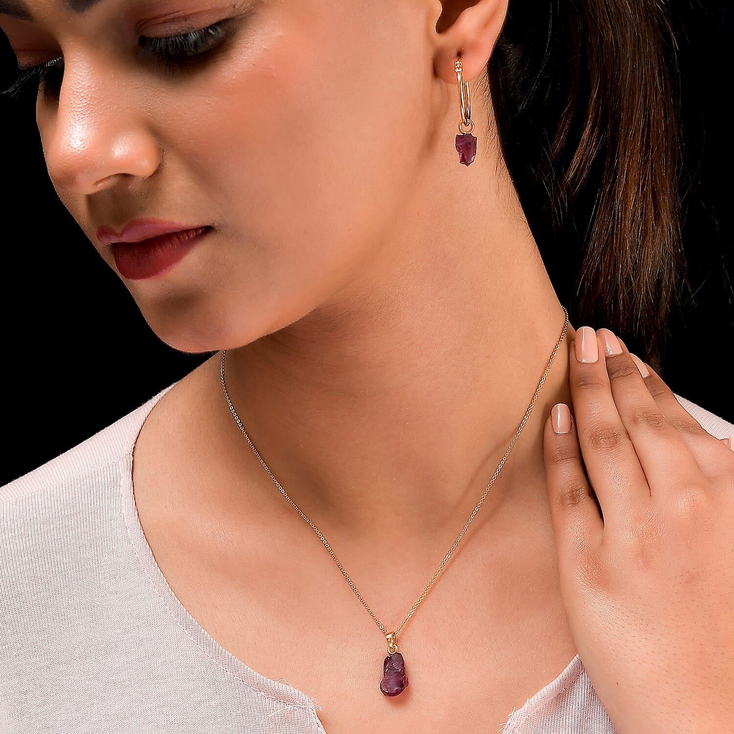 2 Piece Set - Rhodolite Garnet Pendant and Detachable Hoop Earrings with Clasp in 14K Gold Overlay Sterling Silver 12.36 Ct.