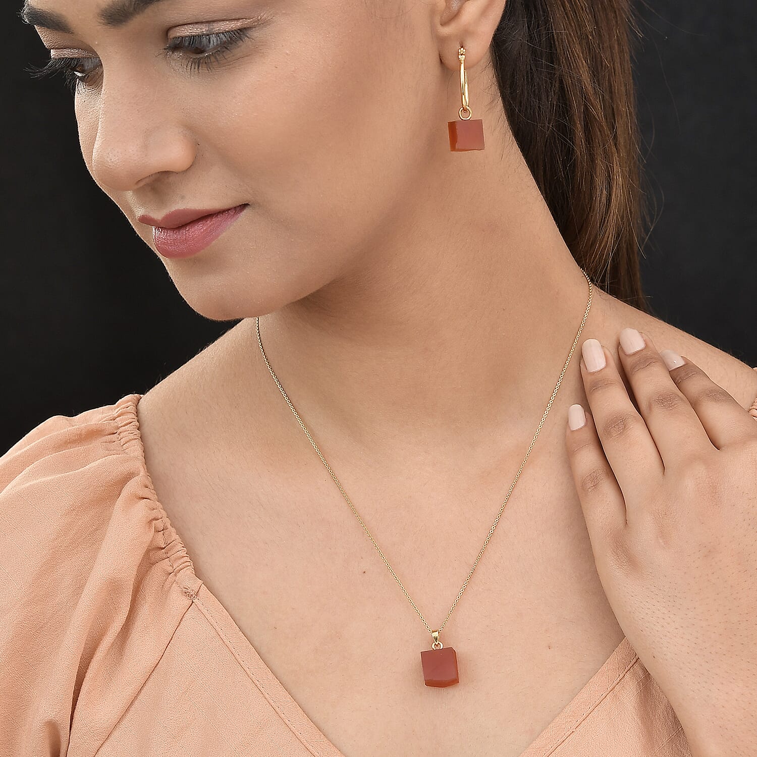 2 Piece Set - Chalcedony Pendant and Detachable Hoop Earrings with Clasp in 14K Gold Overlay Sterling Silver 26.84 Ct.