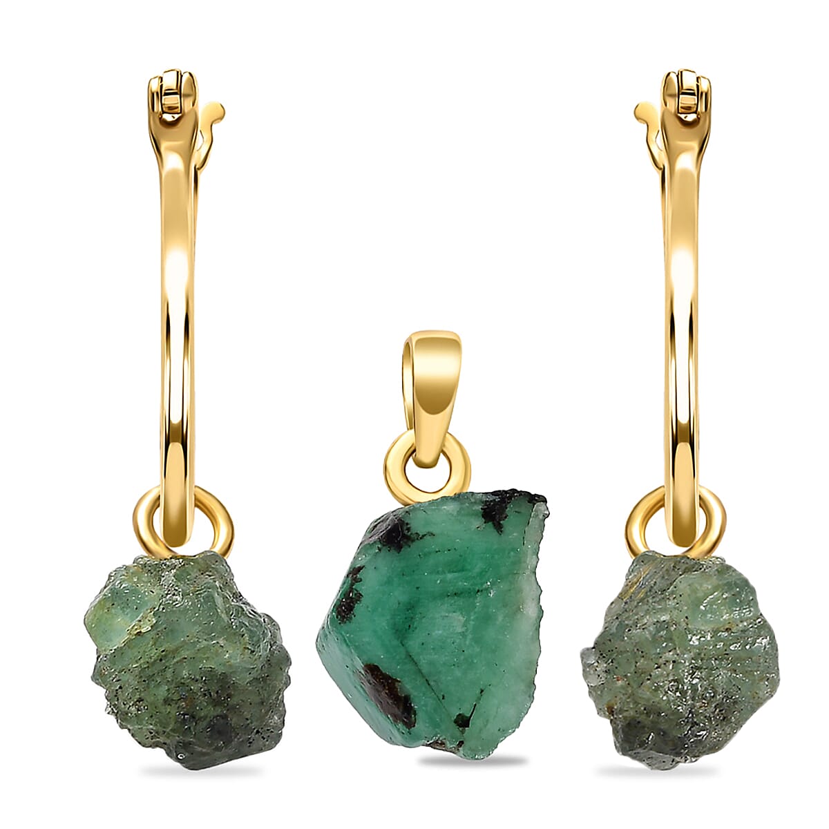 2 Piece Set - Socoto Emerald Pendant and Detachable Hoop Earrings with Clasp in 14K Gold Overlay Sterling Silver 15.16 Ct.
