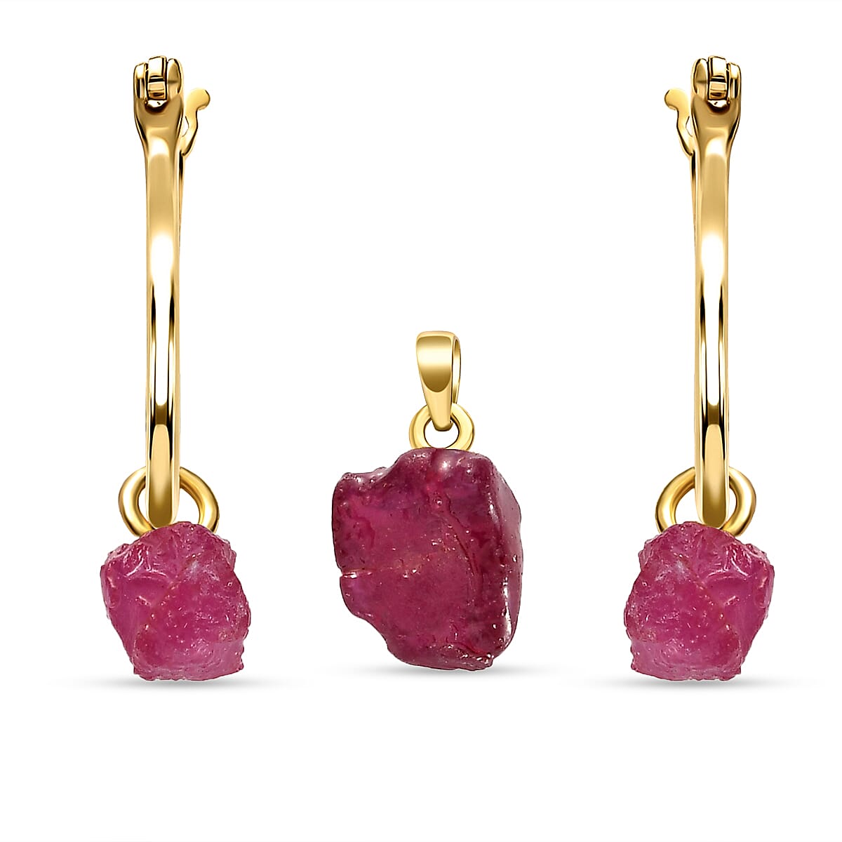 2 Piece Set - African Ruby (FF) Pendant and Detachable Hoop Earrings with Clasp in 14K Gold Overlay Sterling Silver 16.30 Ct.