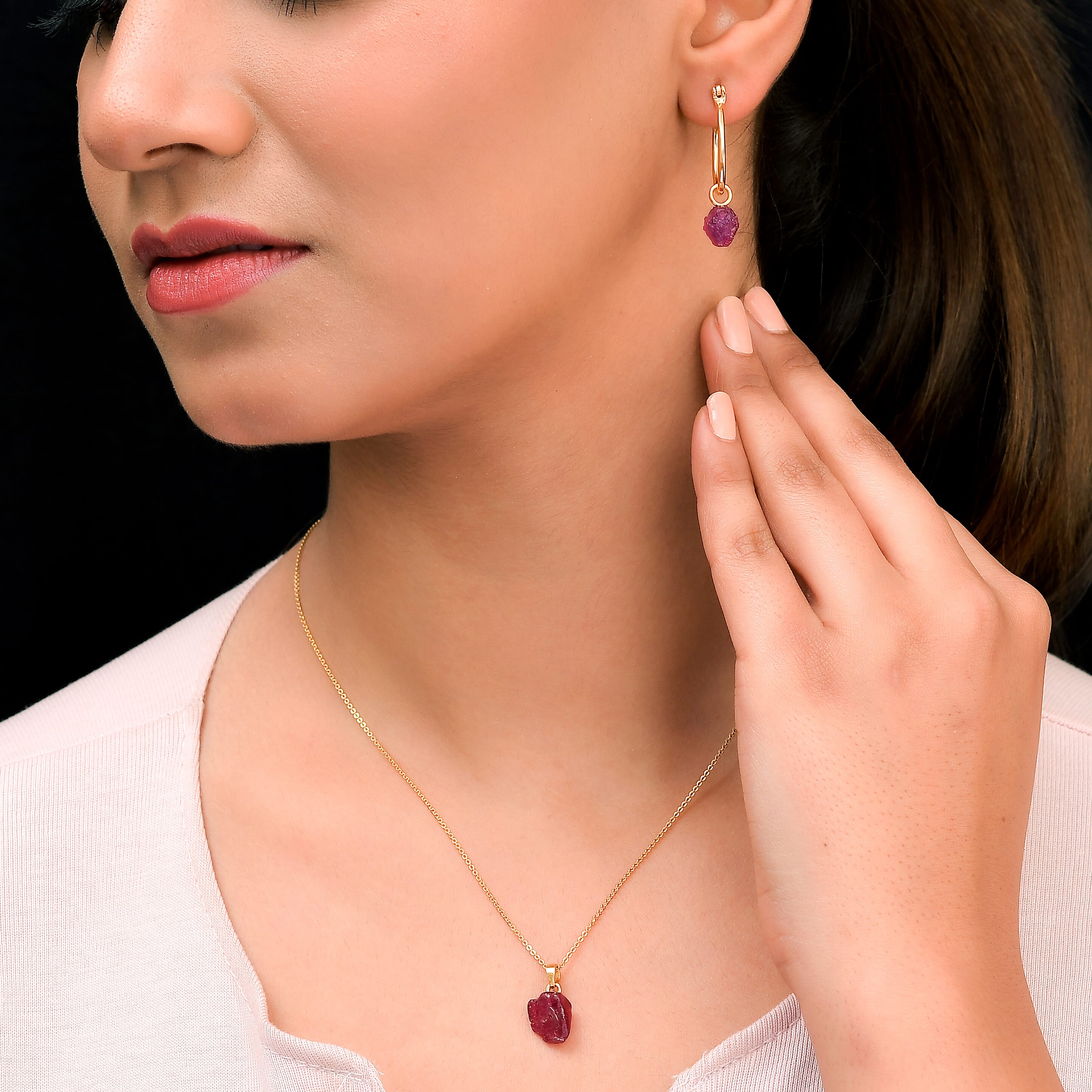 2 Piece Set - African Ruby (FF) Pendant and Detachable Hoop Earrings with Clasp in 14K Gold Overlay Sterling Silver 16.30 Ct.