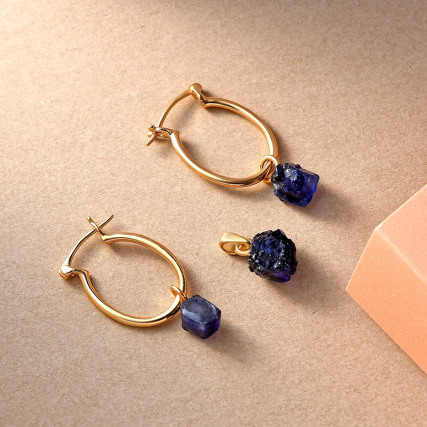 2 Piece Set - Masoala Sapphire (FF) Pendant and Detachable Hoop Earrings with Clasp in 14K Gold Overlay Sterling Silver 12.20 Ct.
