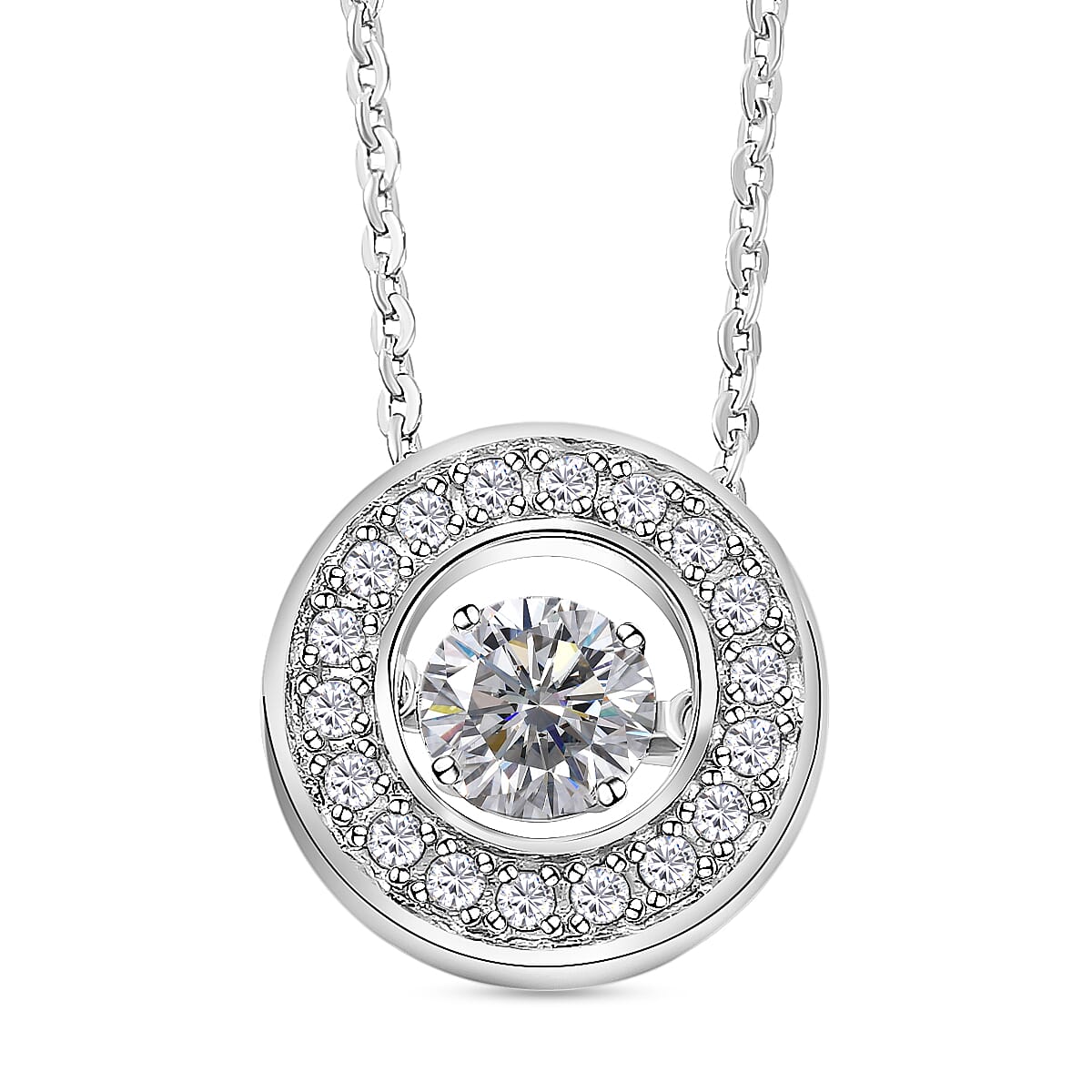 Moissanite Pendant with Chain (Size-20) in Platinum Overlay Sterling Silver
