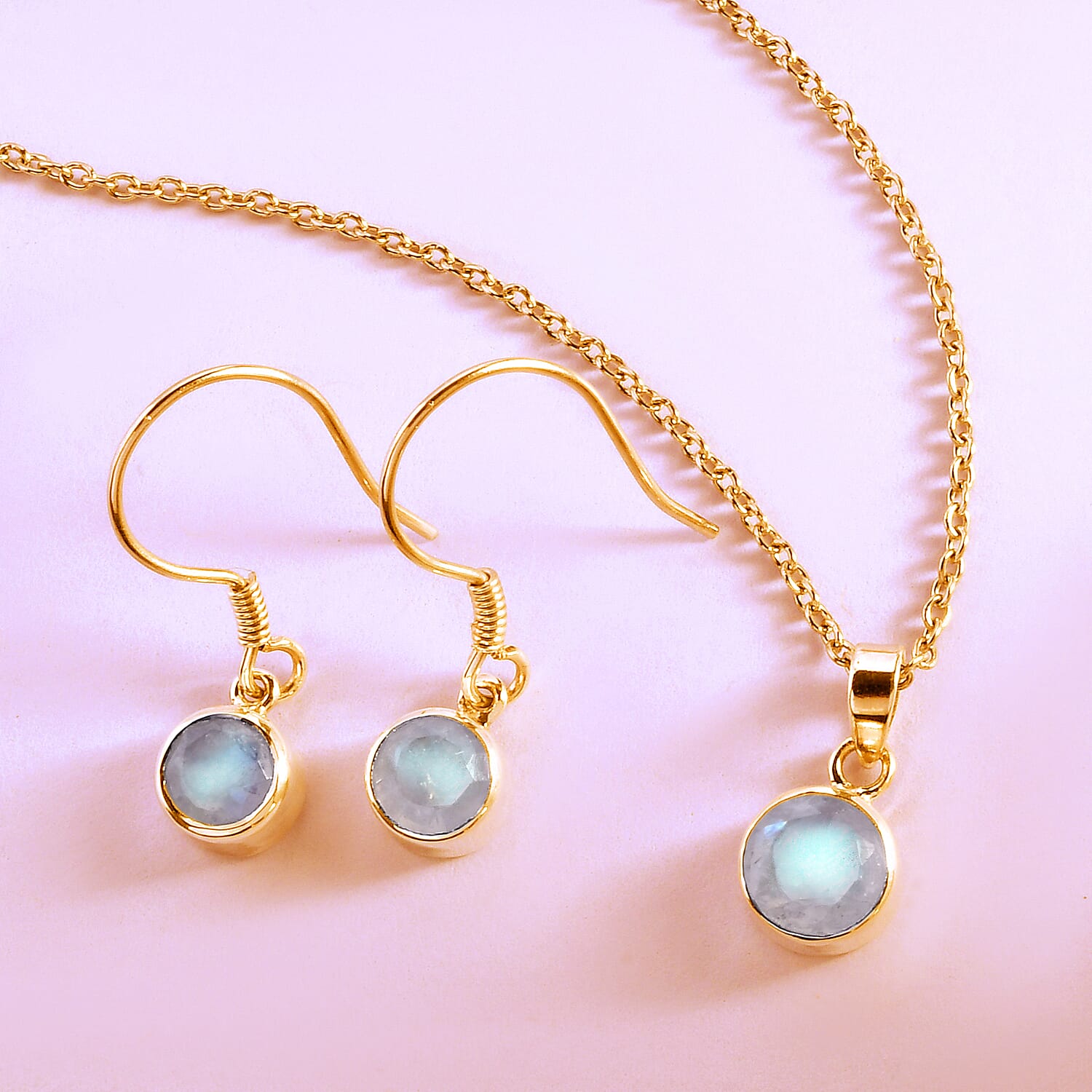 2 Piece Set - Rainbow Moonstone Pendant & Hook Earrings in 14K Gold Overlay Sterling Silver With Stainless Steel Chain ( Size 20)  2.94 Ct.